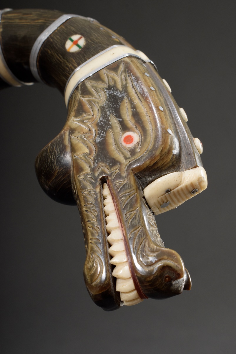 Southeast Asian walking stick with carved "dragon head", horn with bone and aluminium discs, 20th c - Image 5 of 8