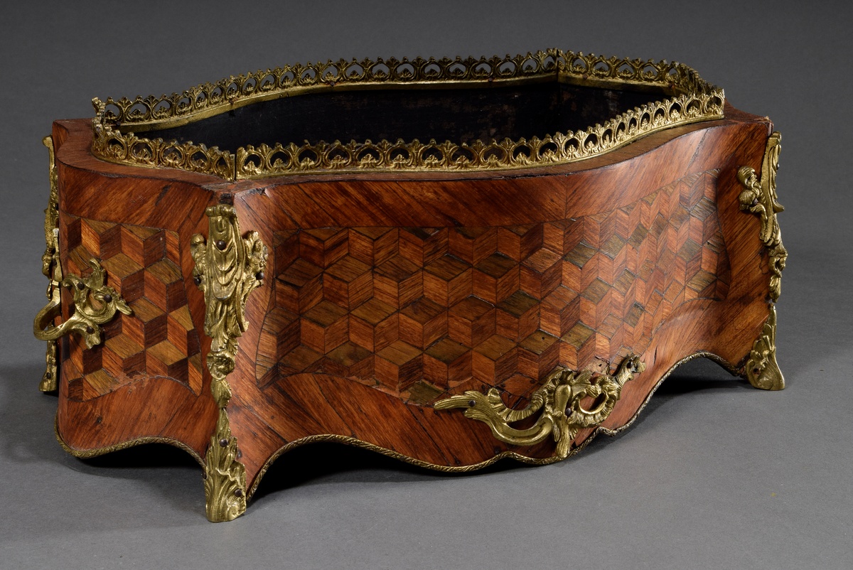 Wilhelminian jardiniere in cambered form with optical marquetry and floral bronze fittings, walnut  - Image 2 of 10