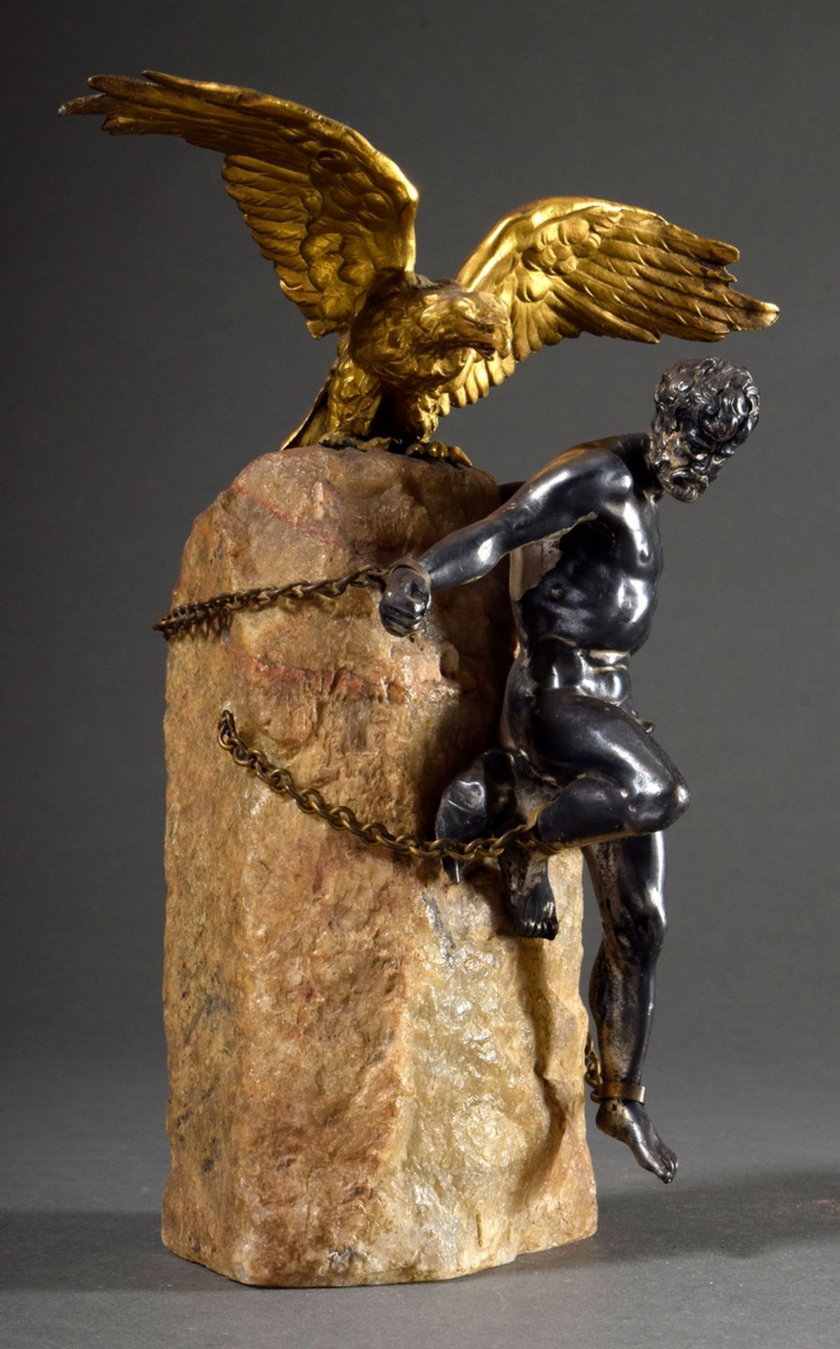 Historism sculpture "Bound Prometheus", galvanised metal on quartz, end of 19th c., h. 24cm, slight