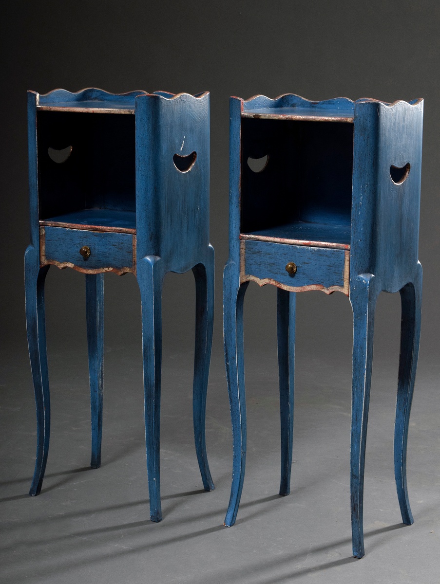 Pair of delicate bedside tables in French façon, blue/silver painted, 70x26x20cm