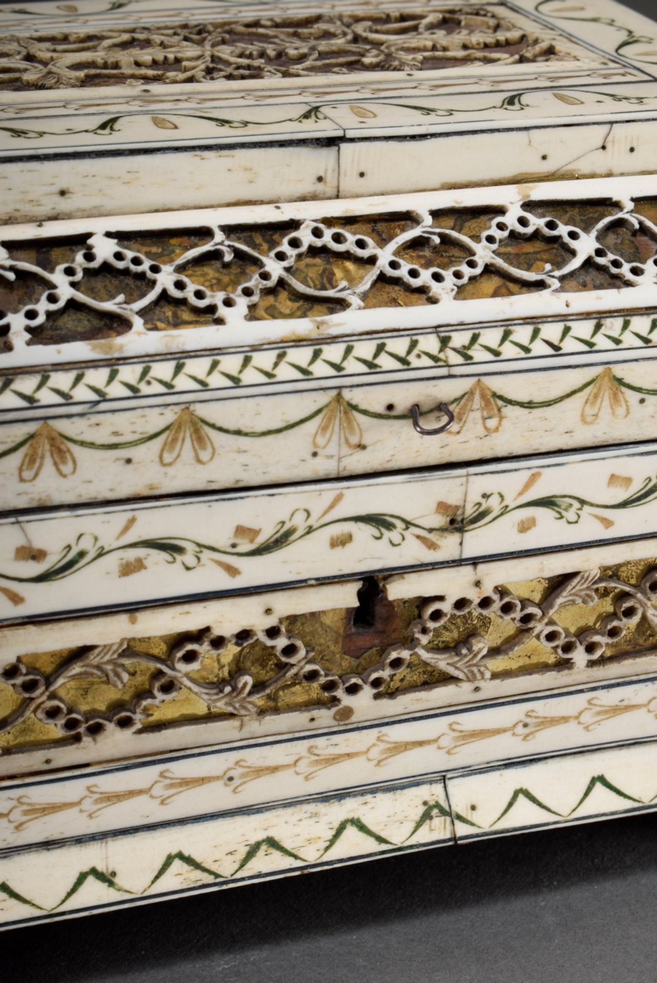 Finely sawn Arkhangelsk casket with stepped hinged lid and rectangular body on feet, engraved whale - Image 3 of 19