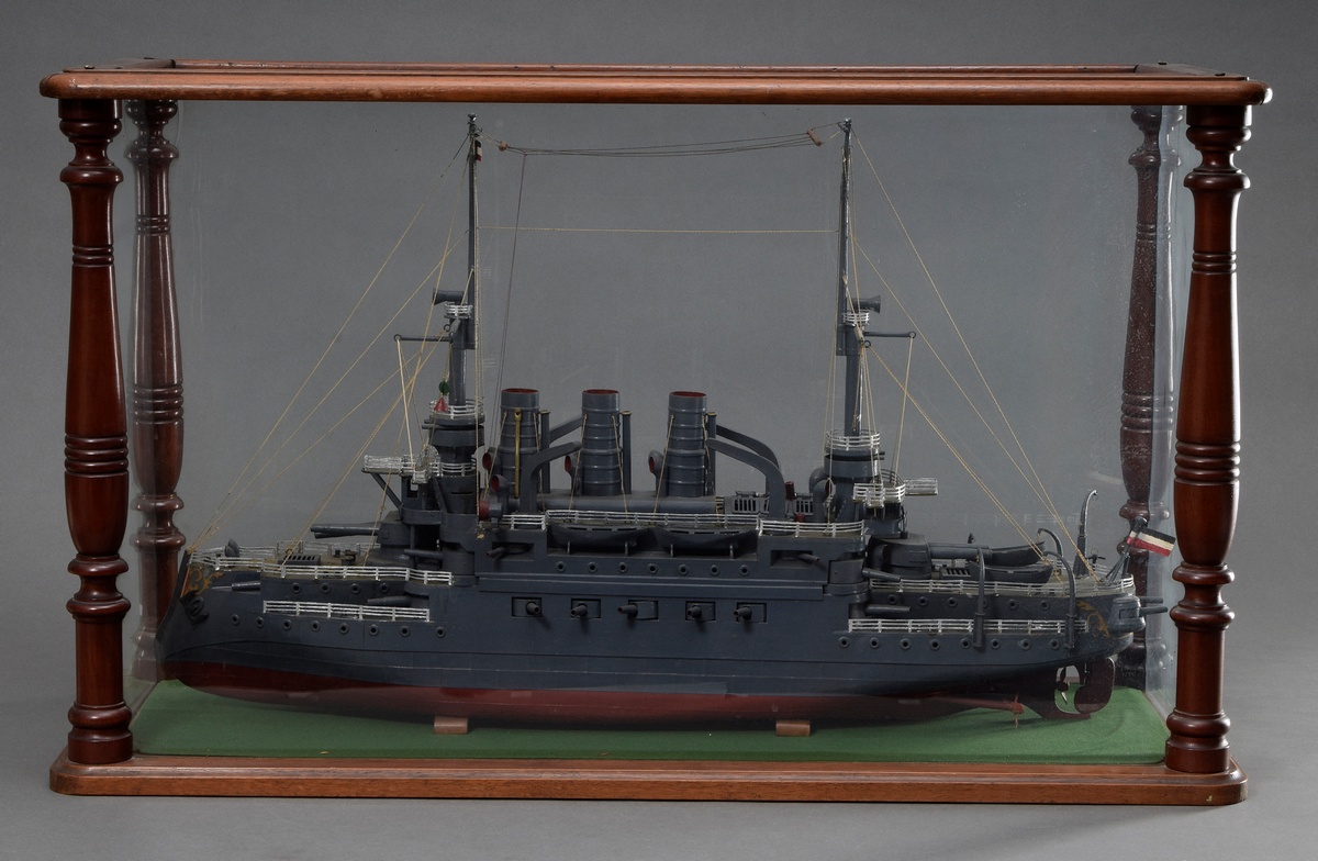 Model ship "Warship of the Imperial Navy" around 1900, paper/cardboard painted, Herst. Engineer of 