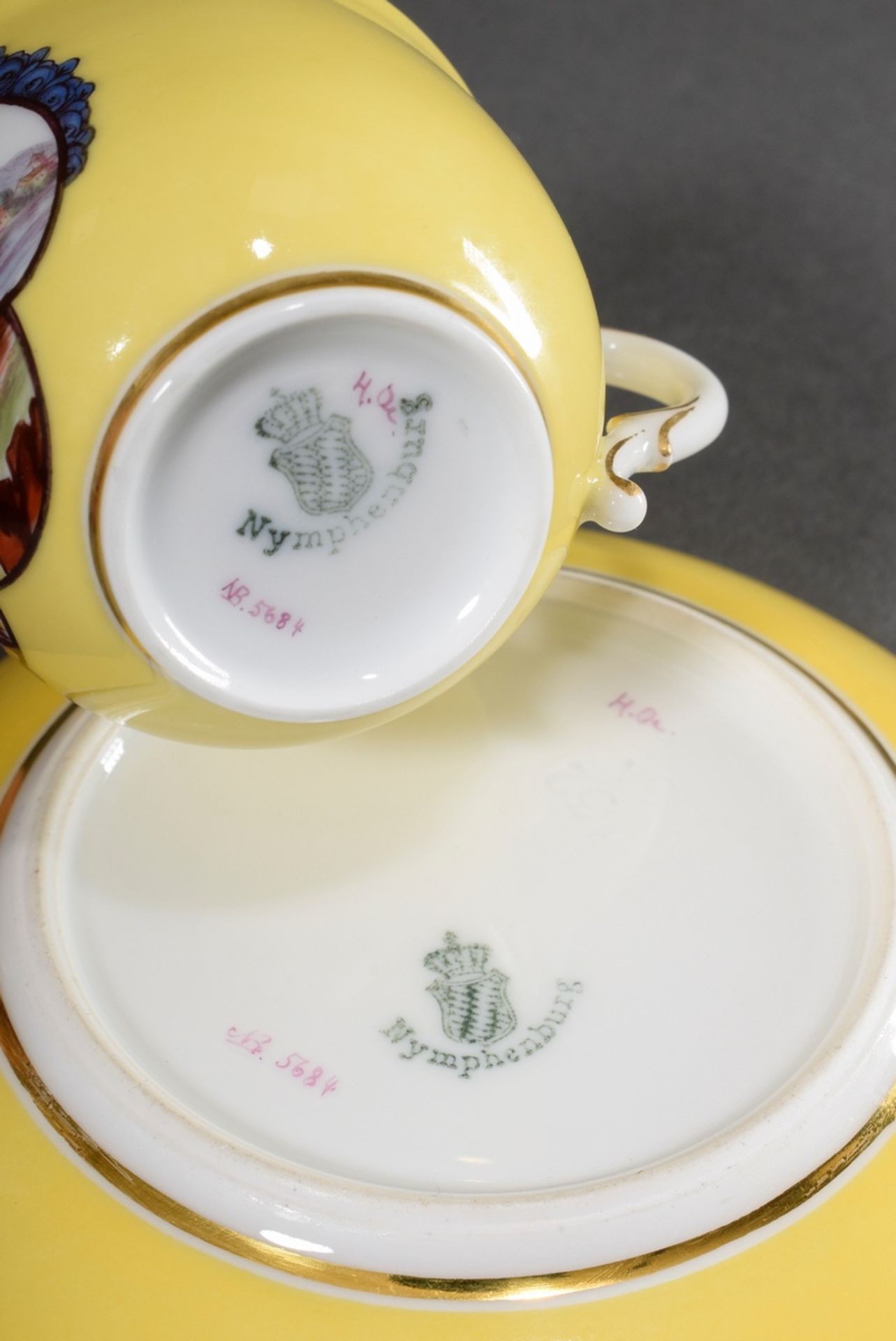 Nymphenburg mocca cups with fine painting "Kauffahrteiszene" in "rose" cartouche on yellow backgrou - Image 4 of 4