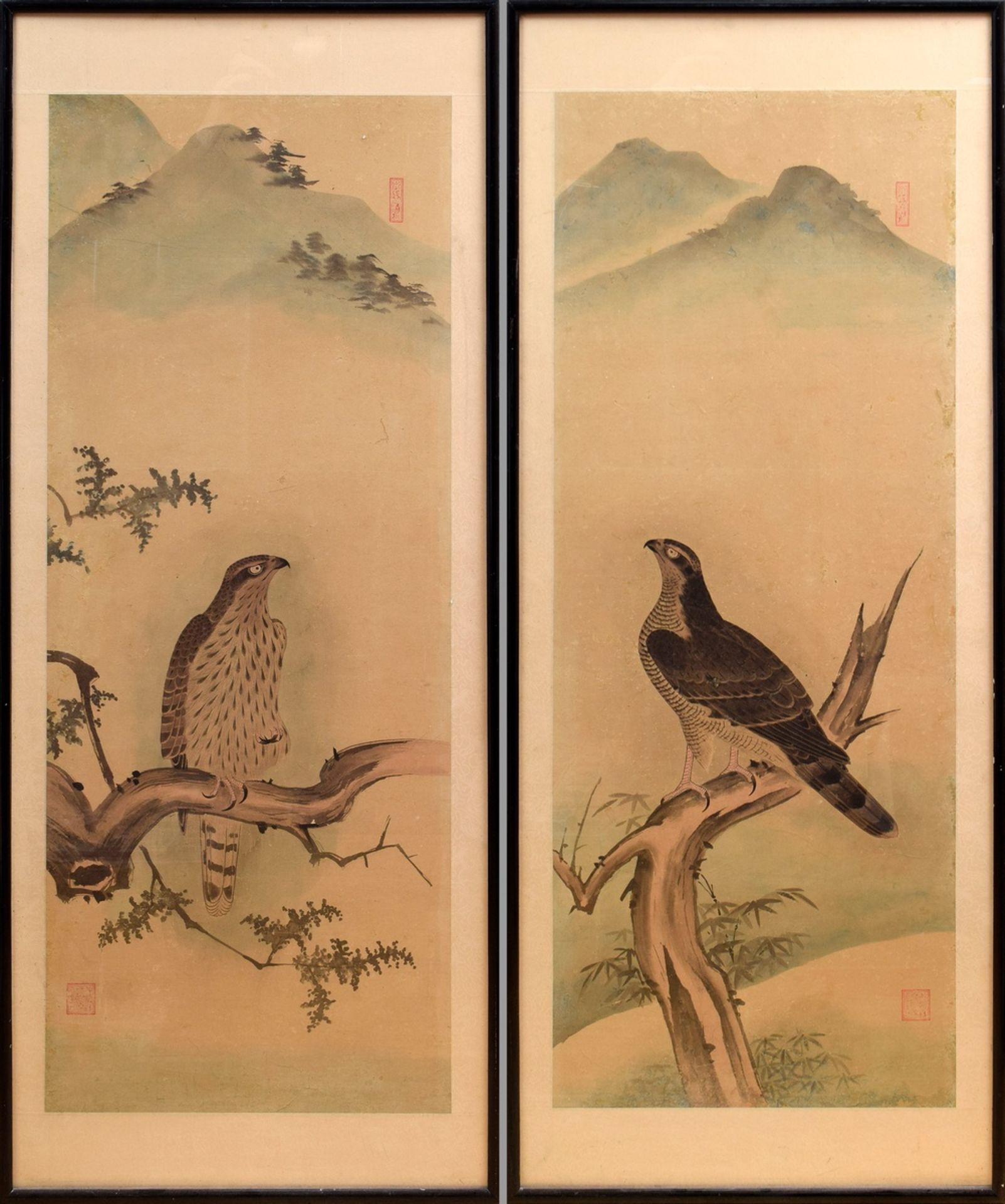 Pair of Japanese scrolls "Birds of Prey", watercolour/paper/silk, Meiji period, c. 1900, 126.5x51cm