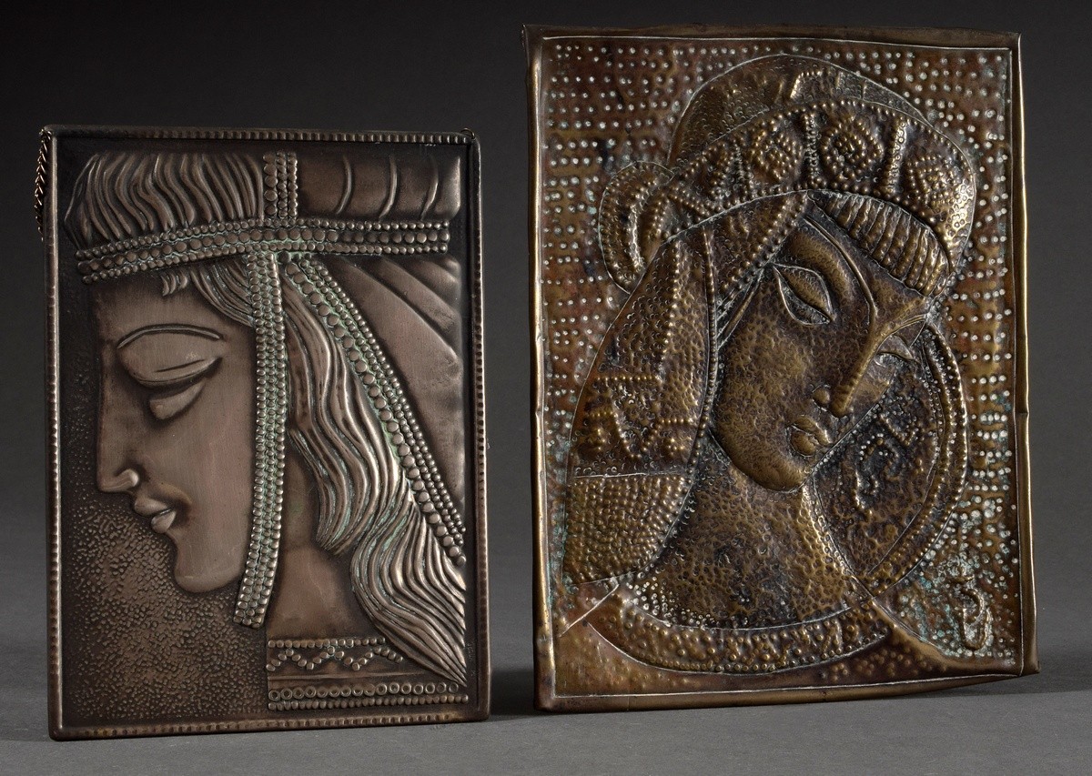 2 Various chased/stamped art nouveau metal pictures "Female heads", around 1910, 20x14,5cm/24x19cm,