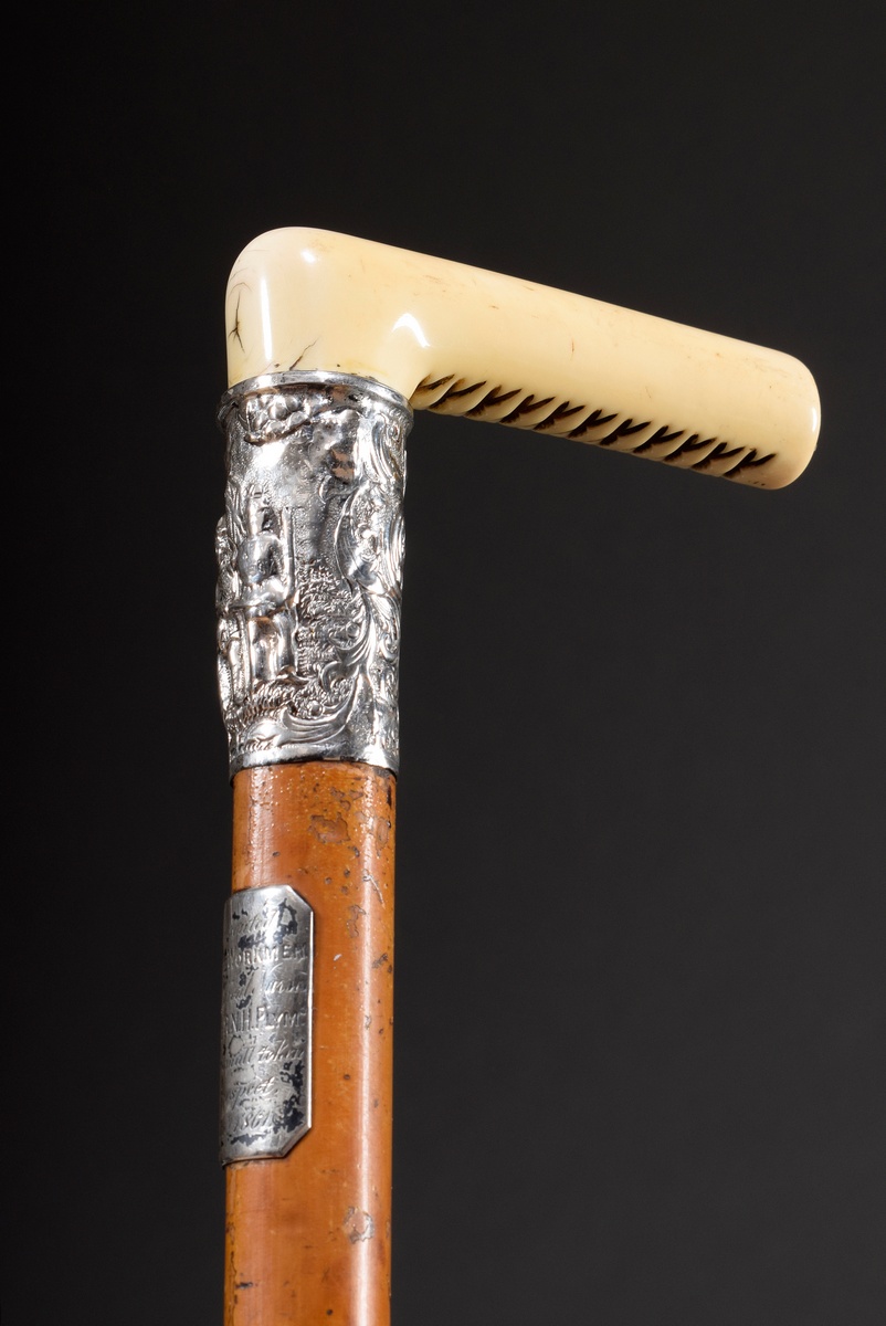 Souvenir walking stick of the Royal Naval Hospital Plymouth with carved scrimshaw and floral silver