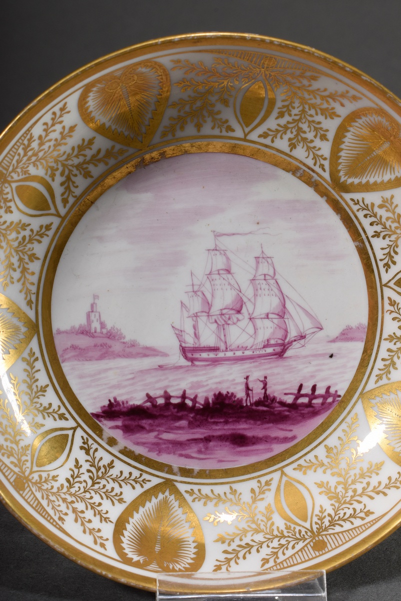 English porcelain cup/saucer with purple camaieu painting "Sailing ship off the coast" and rich orn - Image 3 of 6