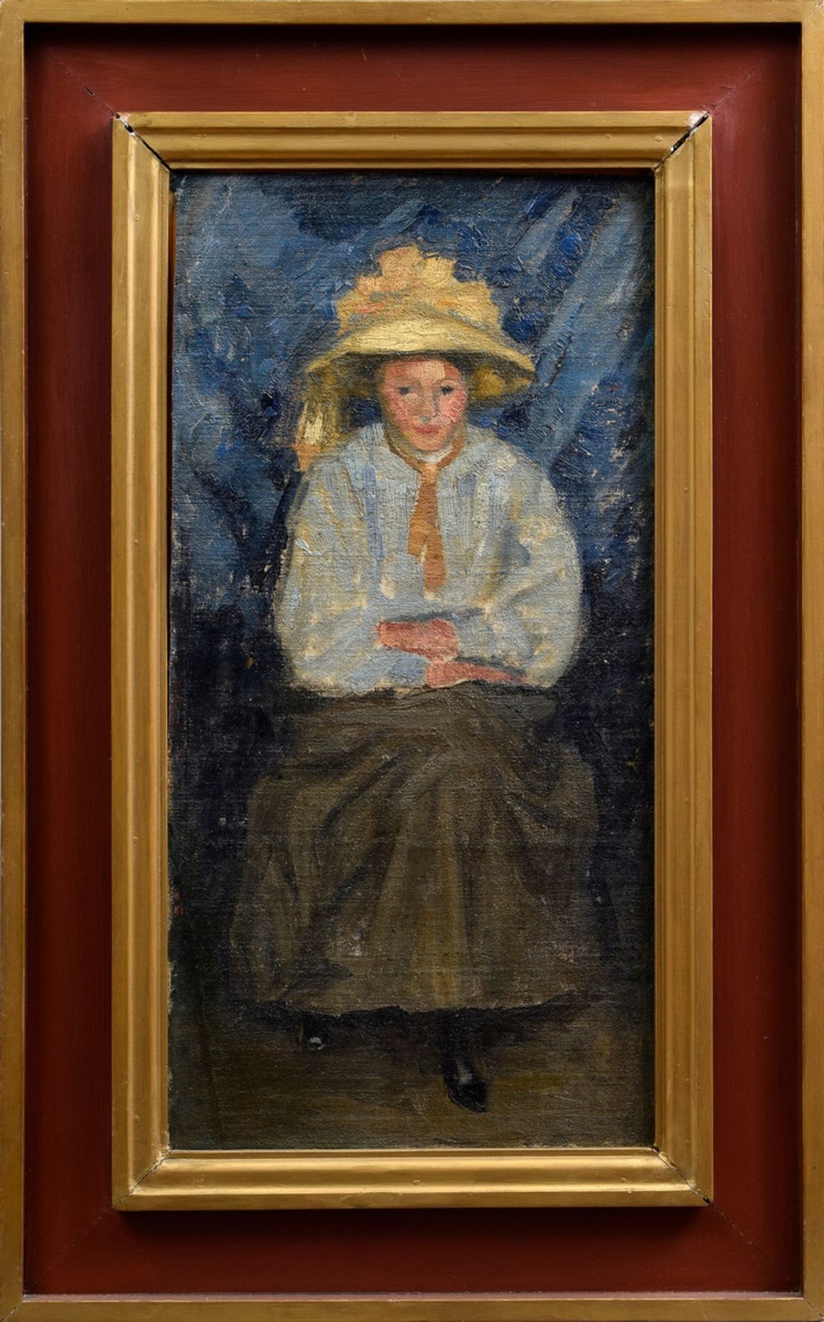 Stekker, Martin (1878-1962) "Sitzendes Mädchen mit Hut", Öl/Leinwand auf Holzplatte montiert, verso - Bild 2 aus 4