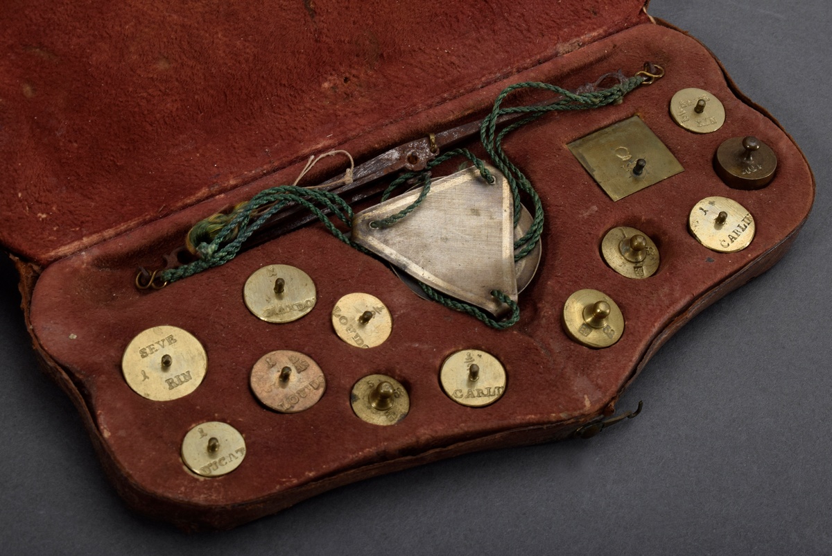 Coin balance with twelve weights in richly punched leather case, probably 18th century France, 2.5x - Image 2 of 5