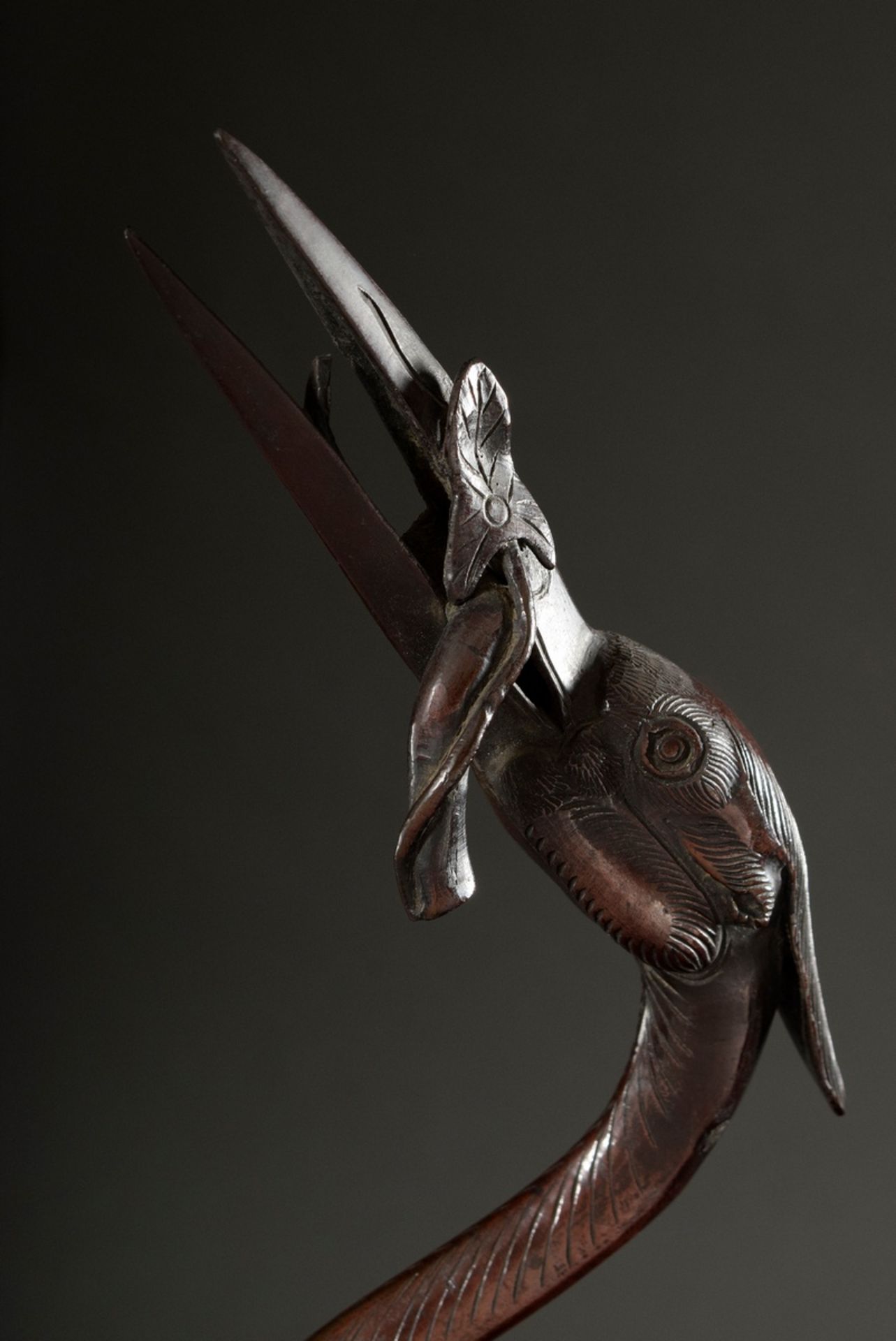 Japanese bronze "Standing Heron" on a matching carved Blackwood stool, Meiji period, h. 147cm, vari - Image 5 of 23