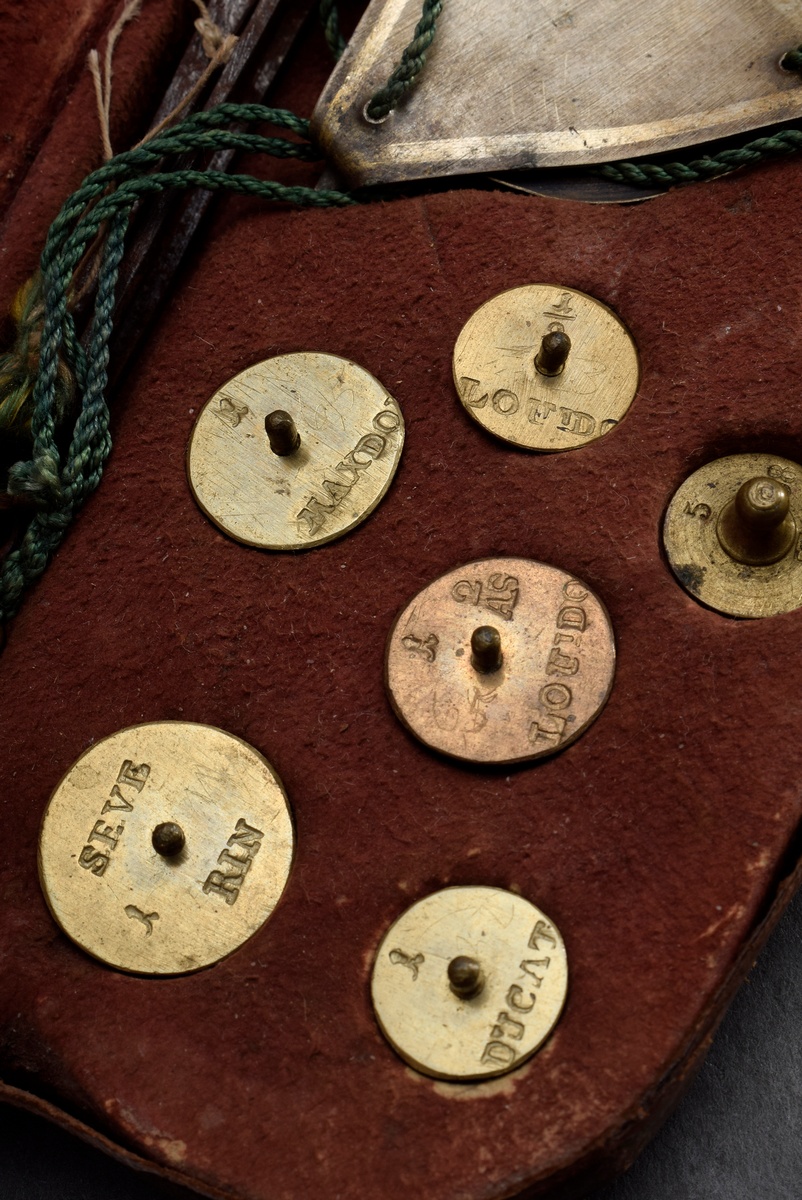 Coin balance with twelve weights in richly punched leather case, probably 18th century France, 2.5x - Image 3 of 5