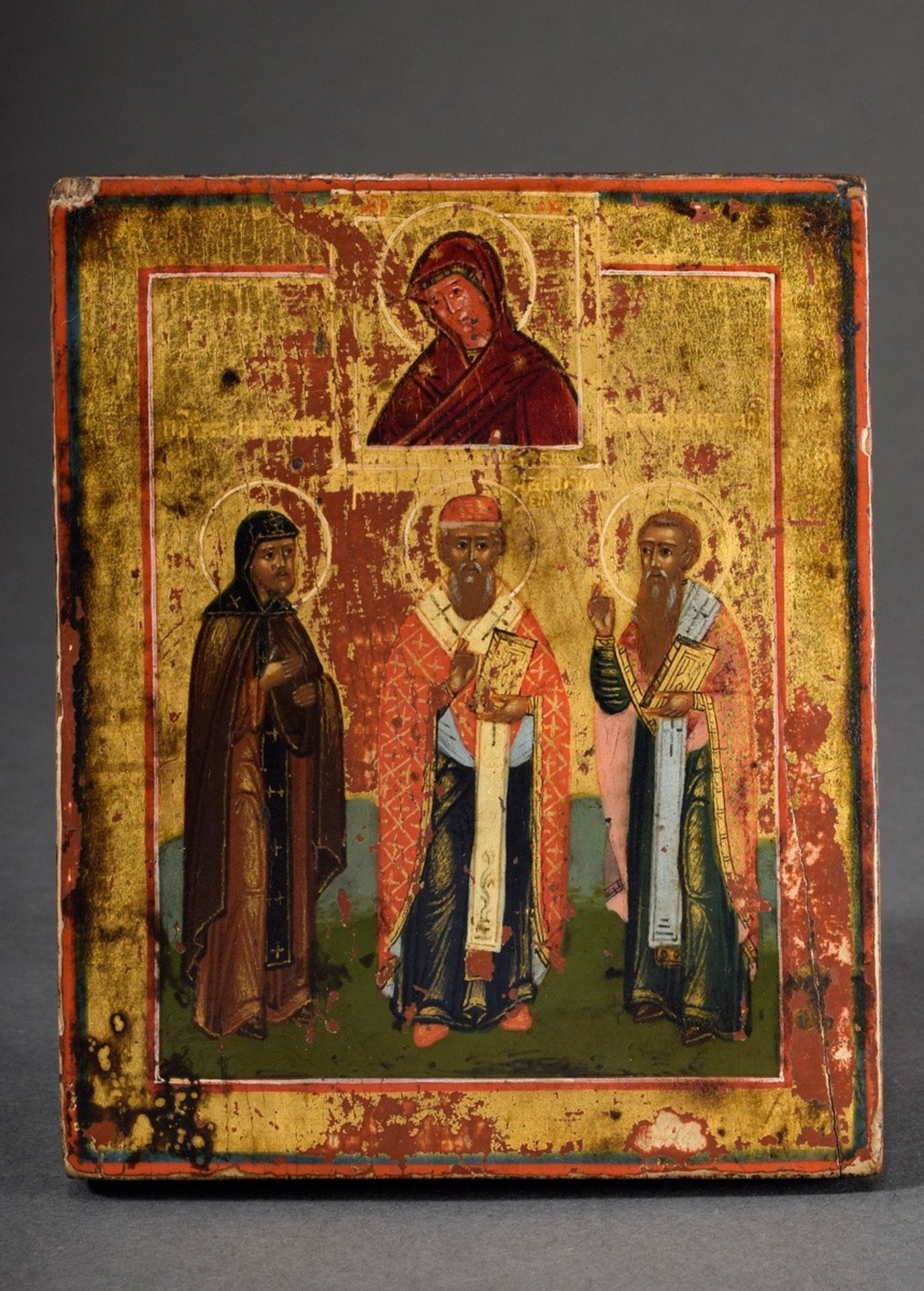 Small Russian icon "Three Saints and Portrait of Mary" on gold ground, 19th c., egg tempera/chalk g