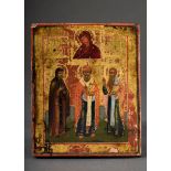 Kleine russische Ikone "Drei Heilige und Portrait der Maria" auf Goldgrund, 19.Jh., Eitempera/Kreid