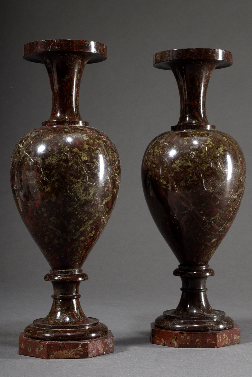 Pair of serpentine baluster vases on octagonal feet, c. 1880, h. 36cm, min. bumped