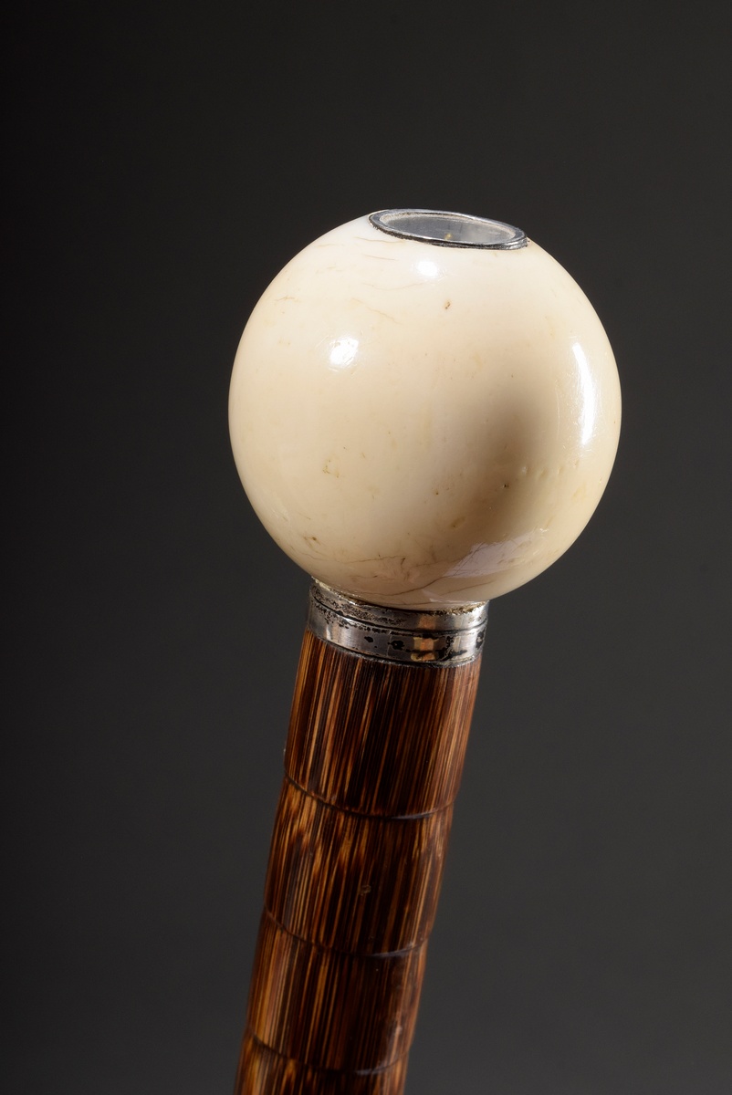Functional stick with ivory ball knob and integrated compass, Austro-Hungarian silver cuff, bamboo - Image 5 of 7