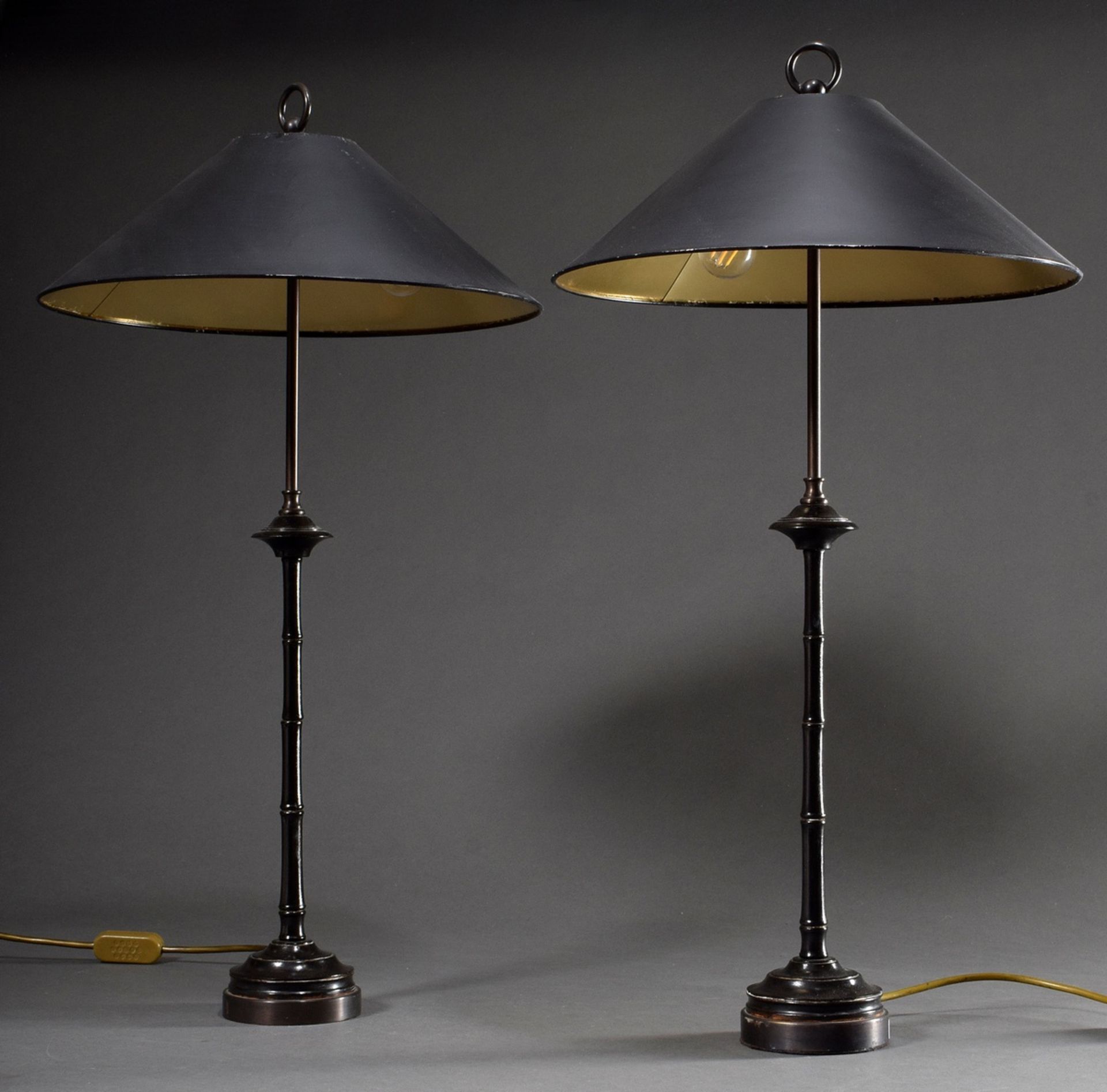 Pair of black modern "Bamboo" table lamps, h. 75cm, 1 lampshade defective