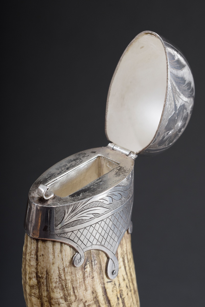Whale tooth with floral engraved silver mount worked as match case, without hallmarks, around 1900, - Image 2 of 4