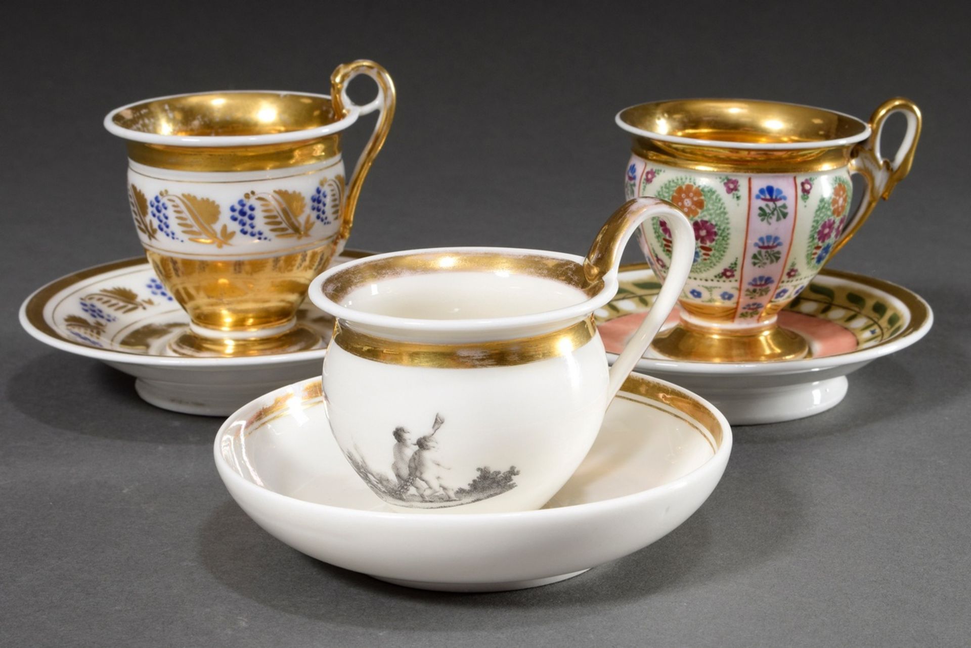 3 Empire porcelain cups/saucers with floral painting and gold decoration, 1x with overprint decorat - Image 2 of 3