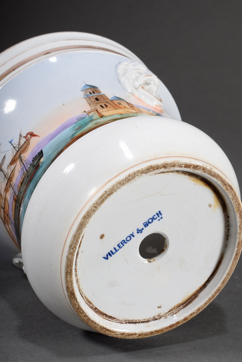 Porcelain cachepot with polychrome painting "Hamburg Bark", lateral lion head handles and gold deco - Image 6 of 6