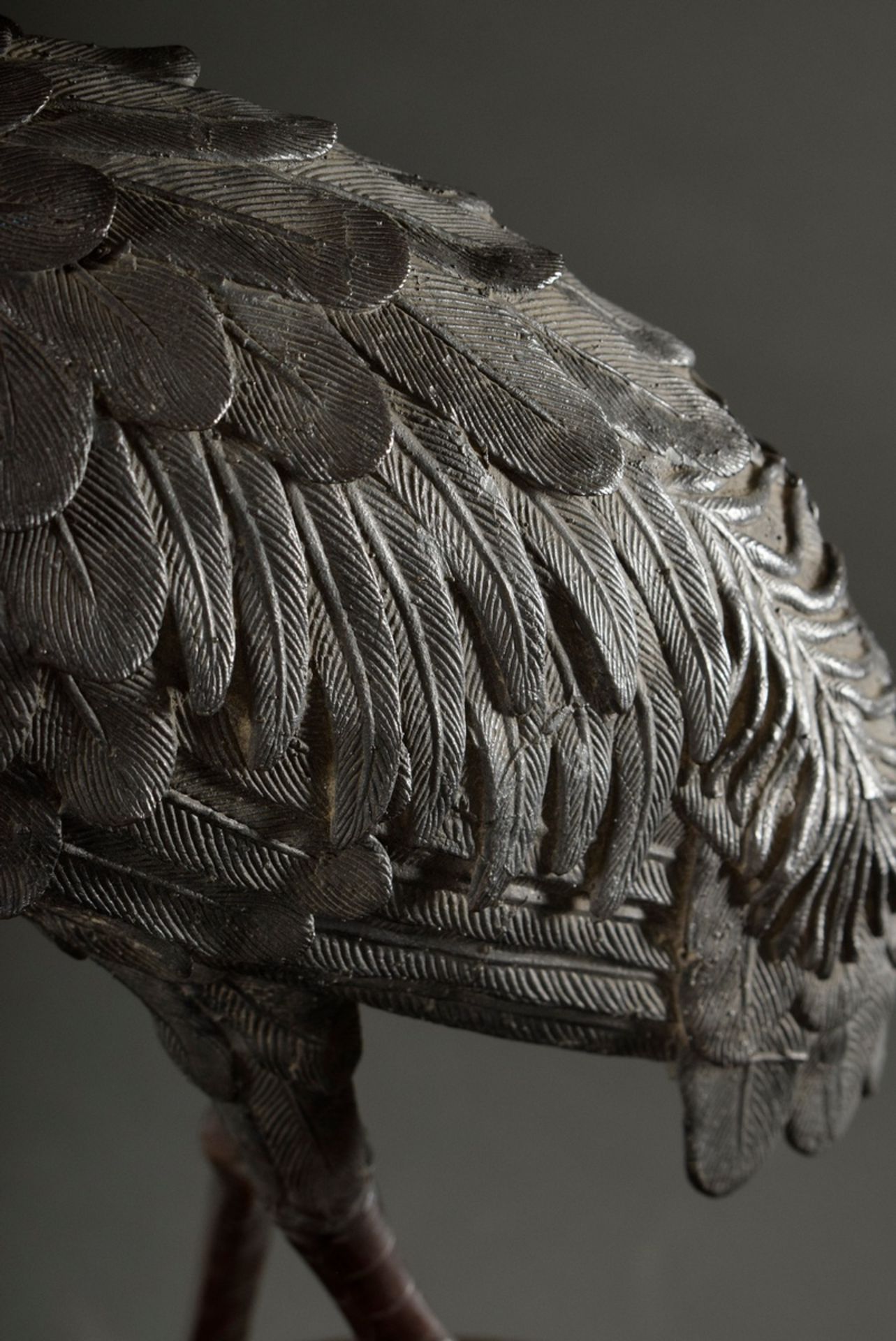 Japanese bronze "Standing Heron" on a matching carved Blackwood stool, Meiji period, h. 147cm, vari - Image 4 of 23