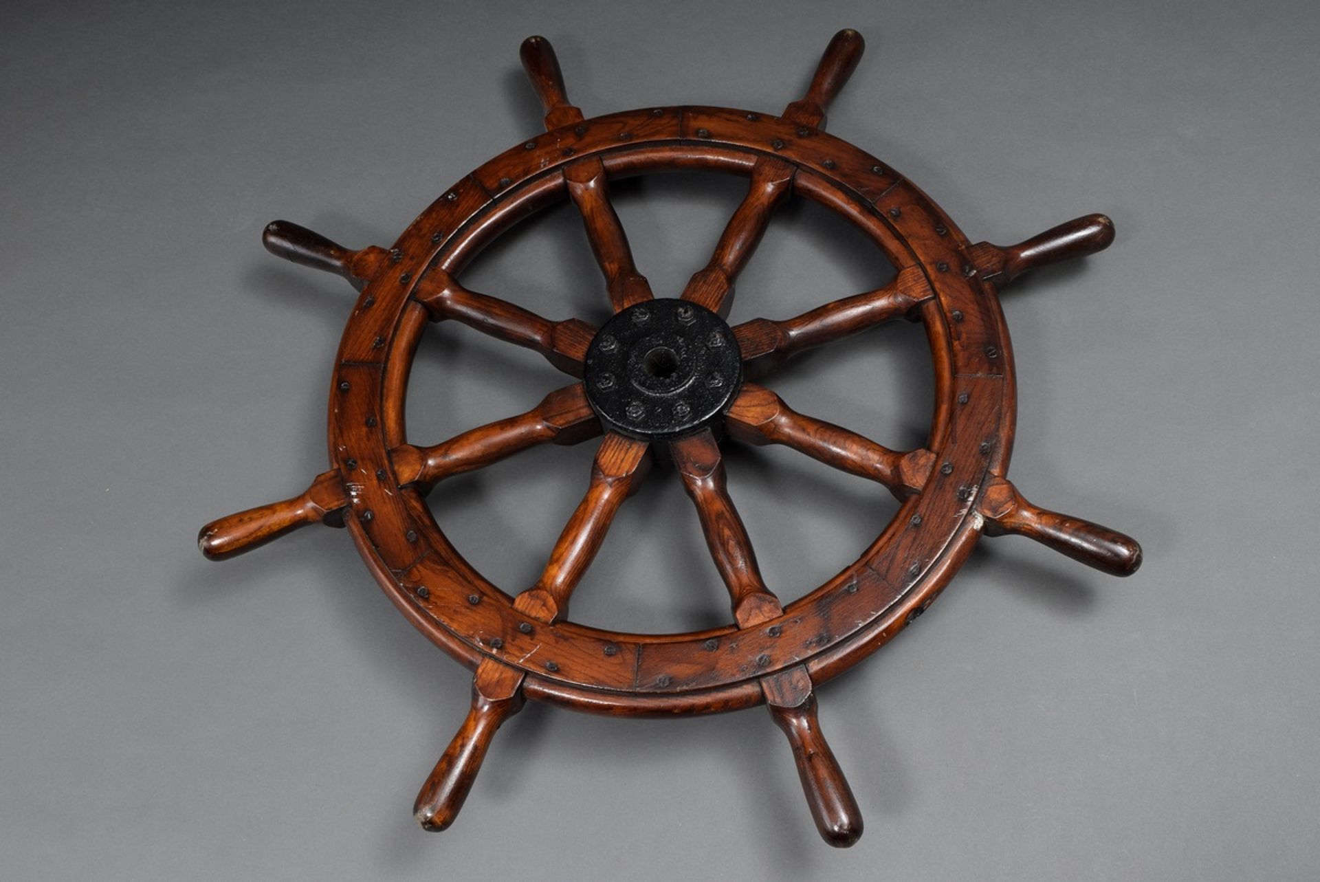 Ship's steering wheel with 8 turned baluster spokes, mahogany with brass ring fitting, iron hub, un - Image 2 of 3