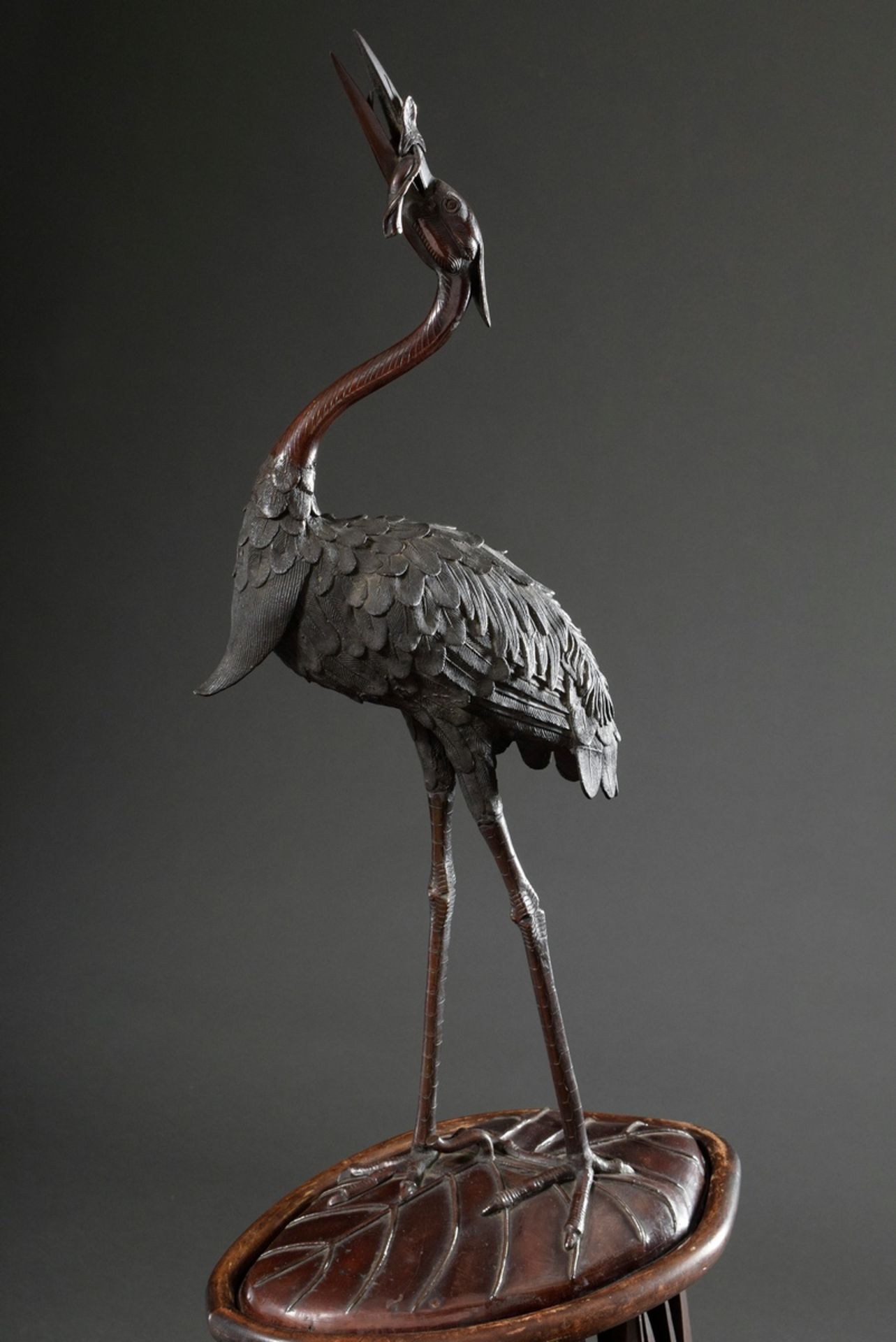 Japanese bronze "Standing Heron" on a matching carved Blackwood stool, Meiji period, h. 147cm, vari - Image 18 of 23