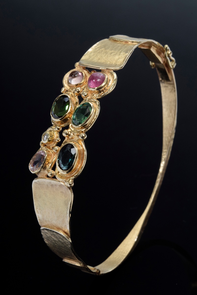 5 pieces YG 585 handmade jewellery in scale link design with tourmalines, cabochon and facet cut ku - Image 8 of 8