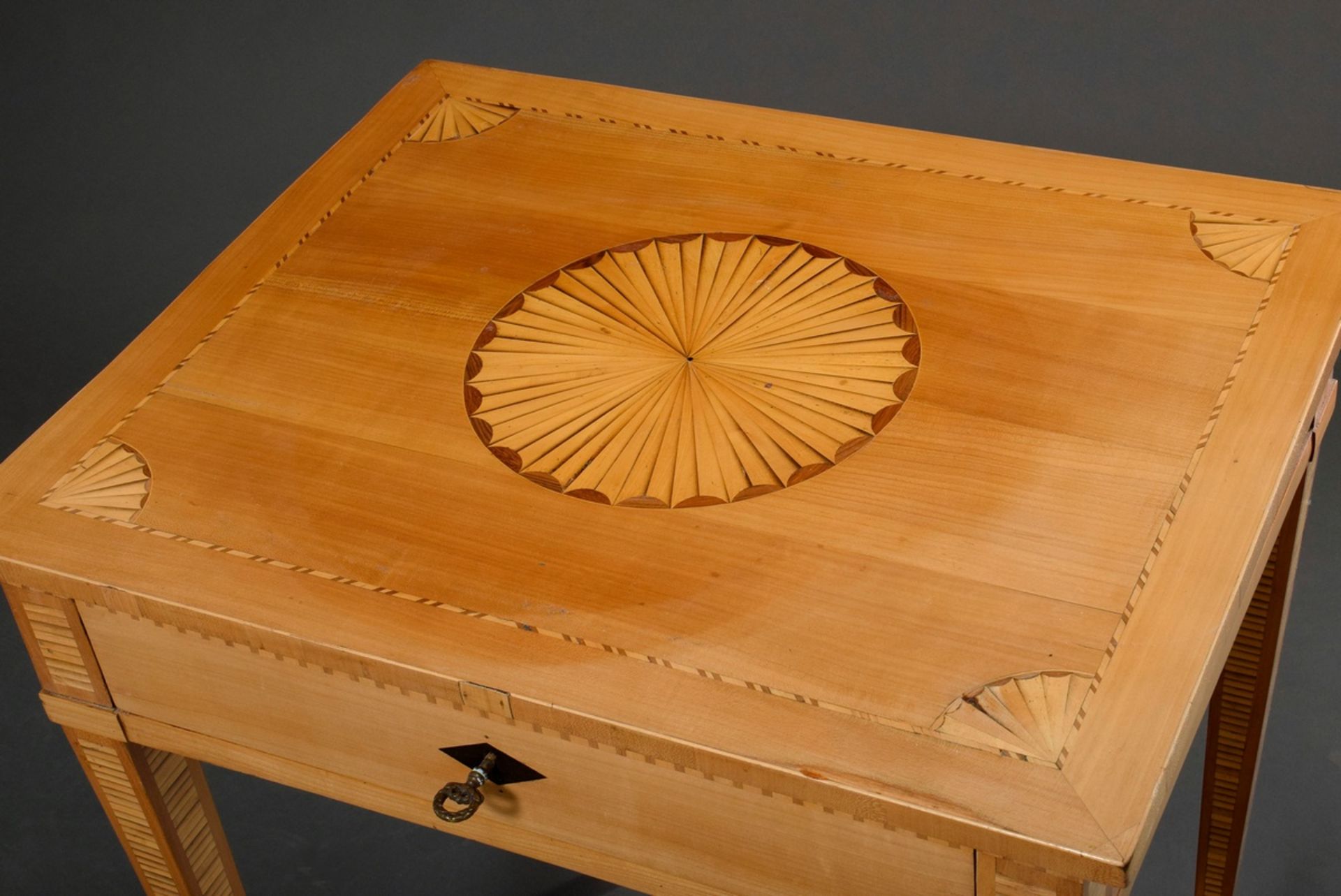 Side table with inlays, fruitwoods, around 1800, 77x65x53cm, strongly paled - Image 3 of 9