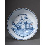 Delft faience bowl with blue painting "Dutch three-master sailor" and inscription "De Catarijna & L