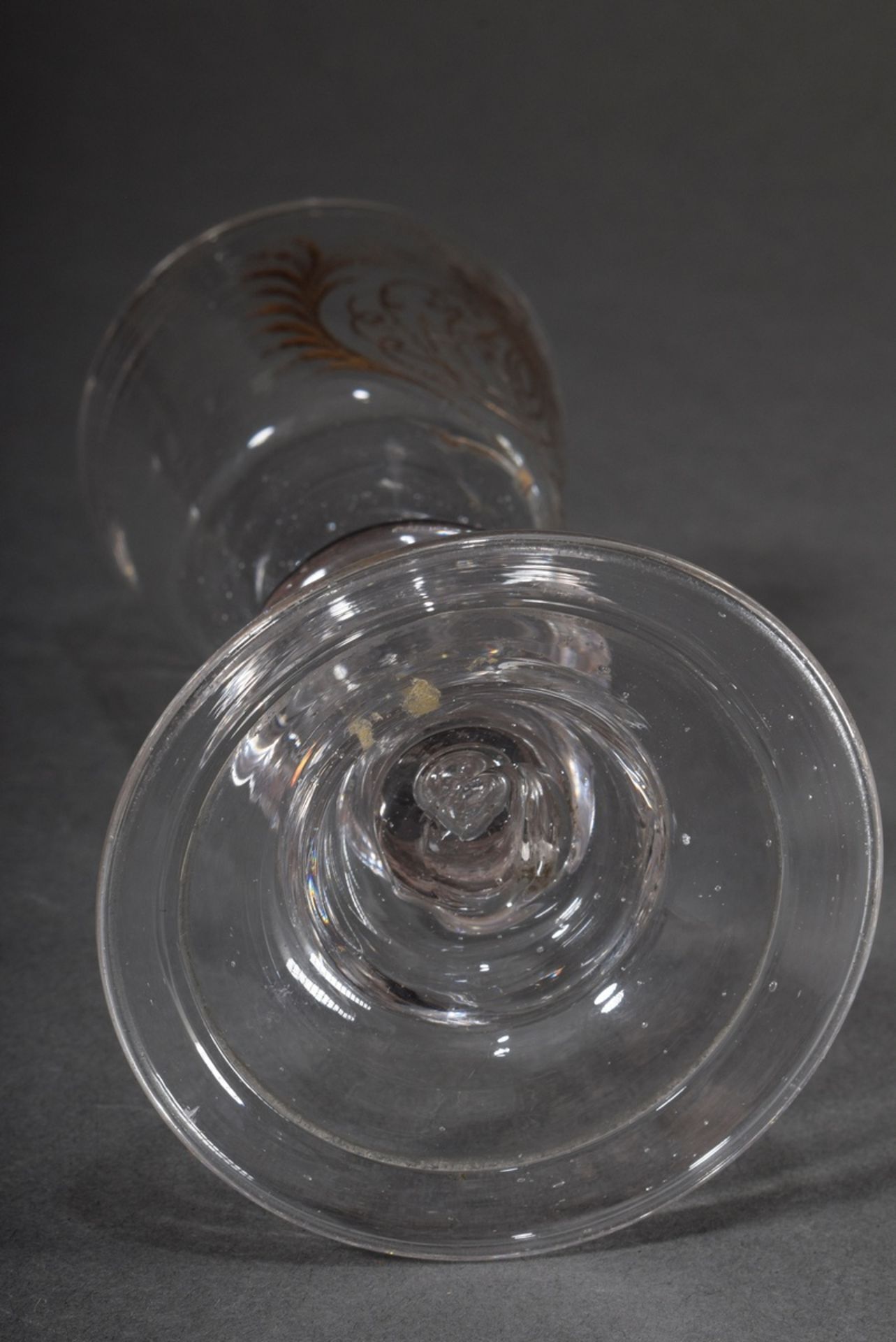 Baroque goblet glass on a bell base with turned rim, hollow blown baluster stem with 7 pierced bubb - Image 4 of 4