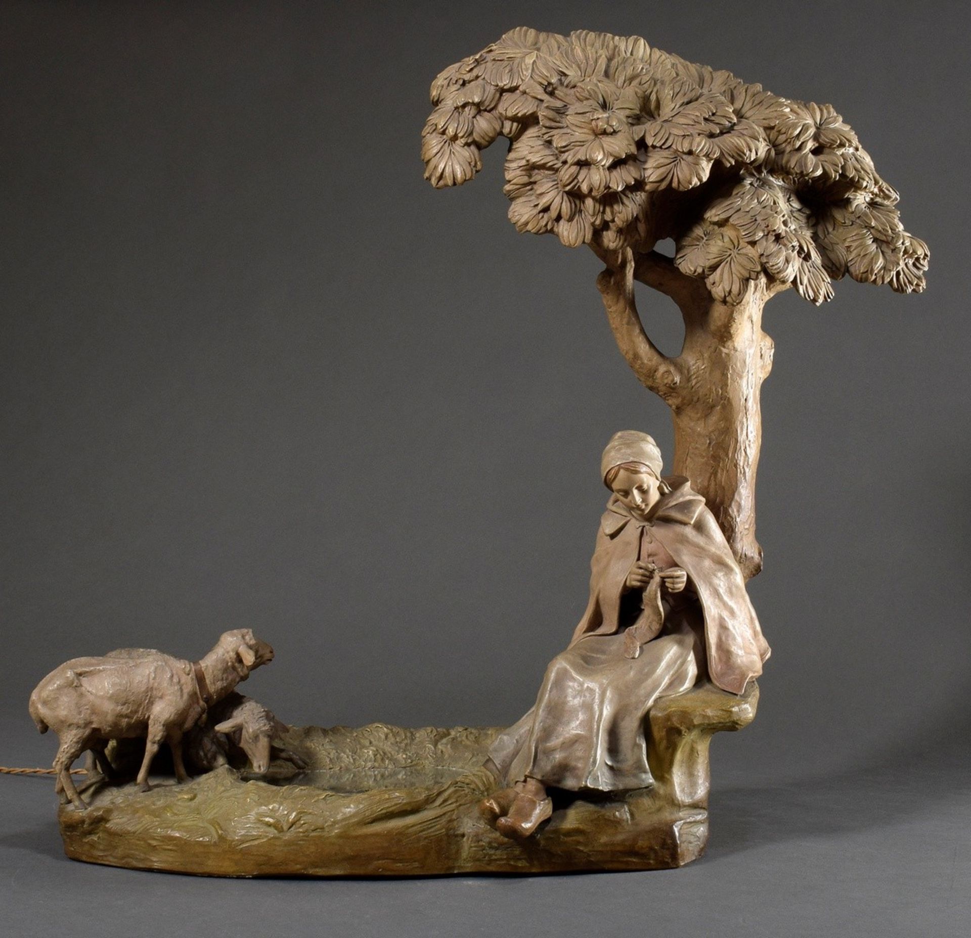 Large art nouveau lamp in Goldscheider style "Shepherdess and Sheep", terracotta painted, verso num - Image 2 of 8