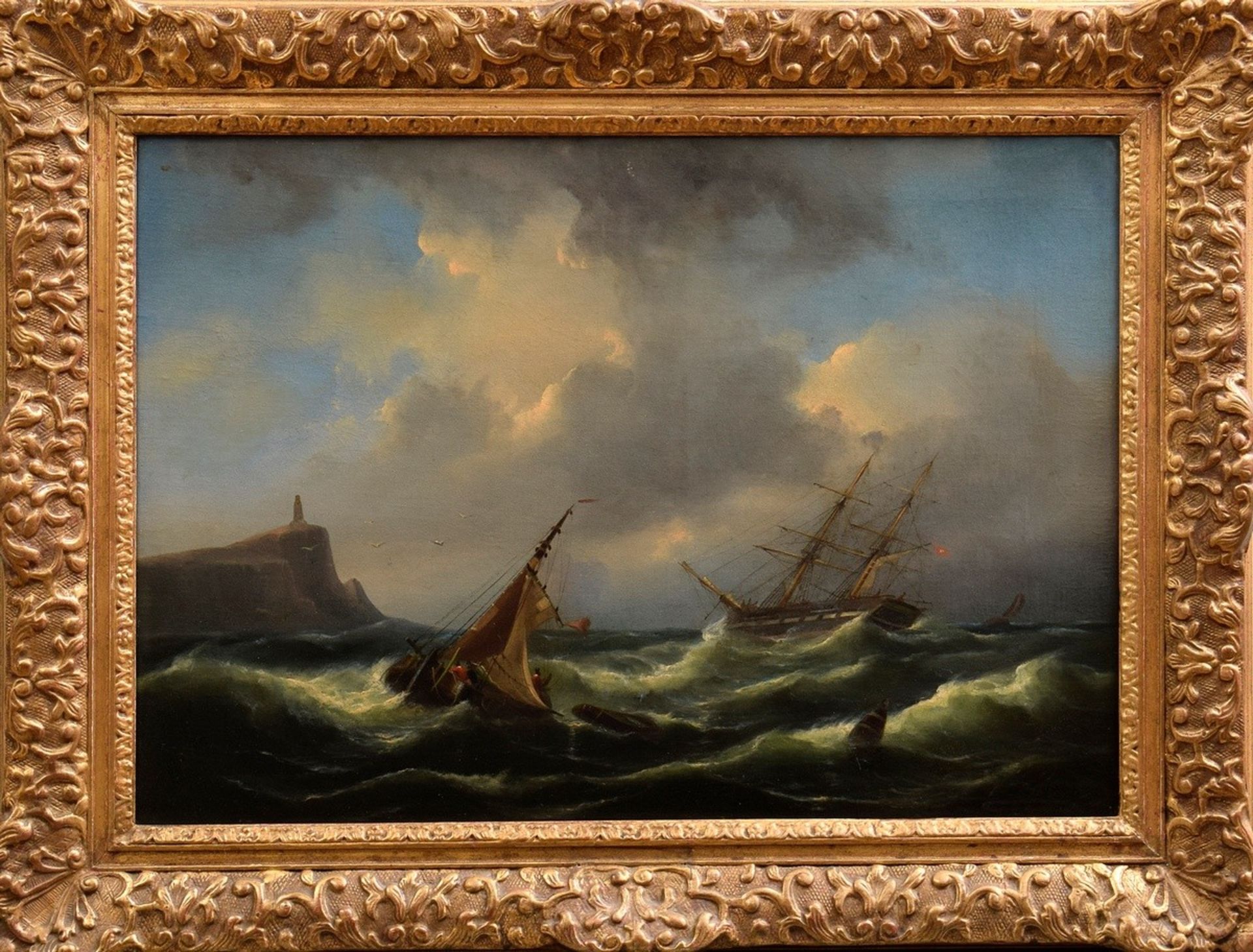 Marinemaler des 19.Jh. (Plagemann?) "Schiffe in rauer See vor Felsenküste" 1848, Öl/Leinwand auf Ho - Bild 2 aus 6