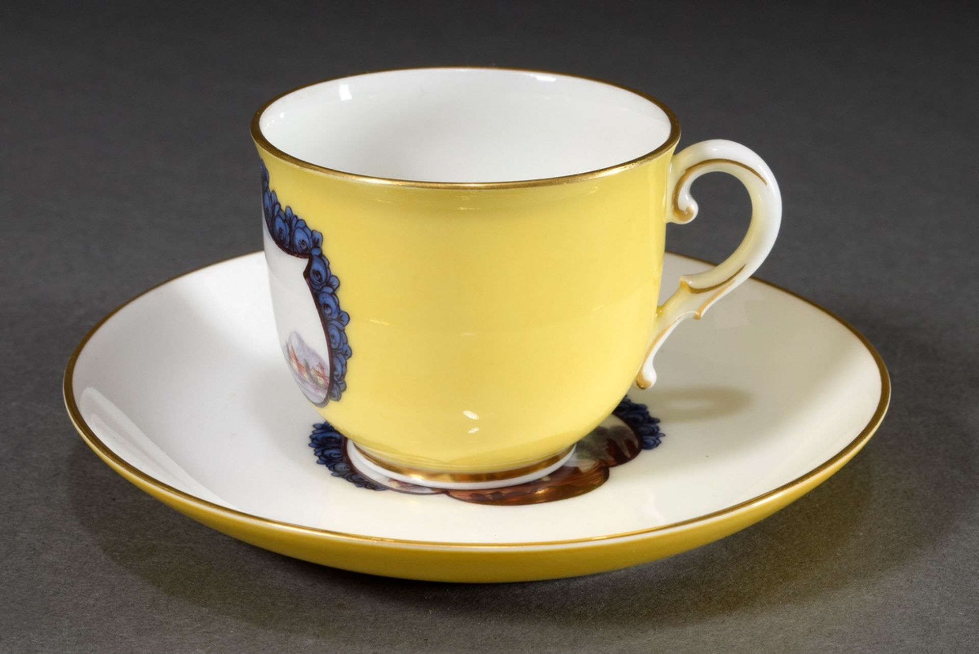 Nymphenburg mocca cups with fine painting "Kauffahrteiszene" in "rose" cartouche on yellow backgrou - Image 2 of 4