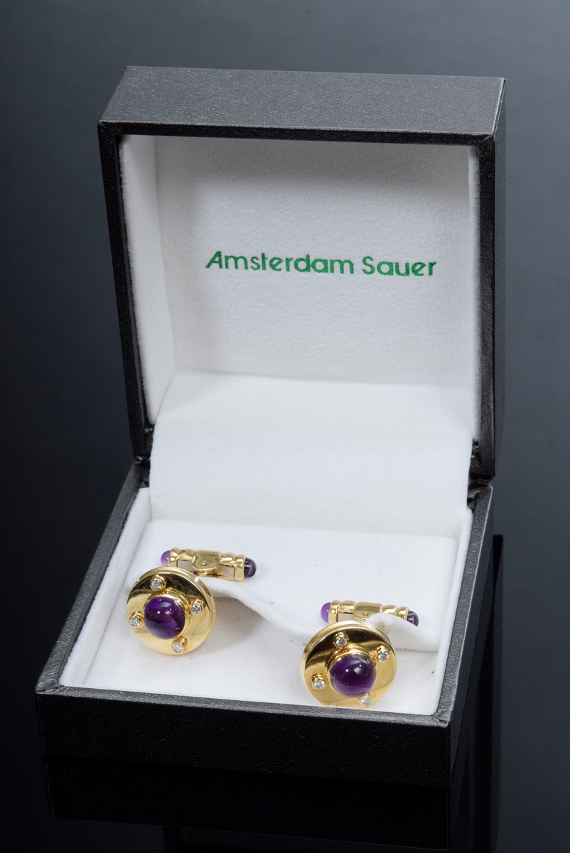 Pair of elegant YG 750 cufflinks with amethyst cabochons (total approx. 4.4ct) and diamonds (0.18ct - Image 3 of 4