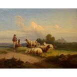 Verboeckhoven, Eugène Joseph (1799-1881) "Schafherde mit Hirte und Magd in Landschaft", Öl/Leinwan