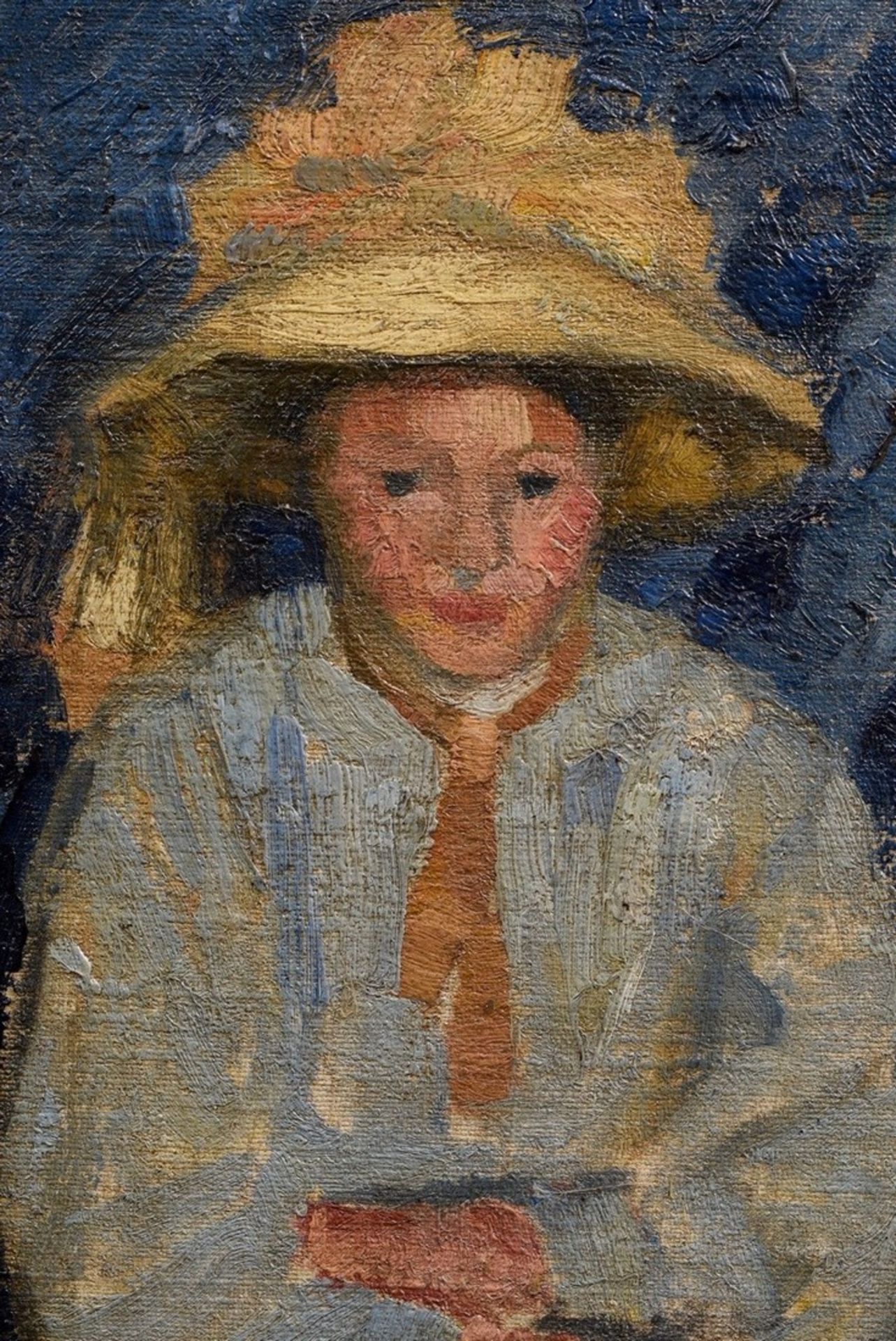 Stekker, Martin (1878-1962) "Sitzendes Mädchen mit Hut", Öl/Leinwand auf Holzplatte montiert, verso - Bild 3 aus 4