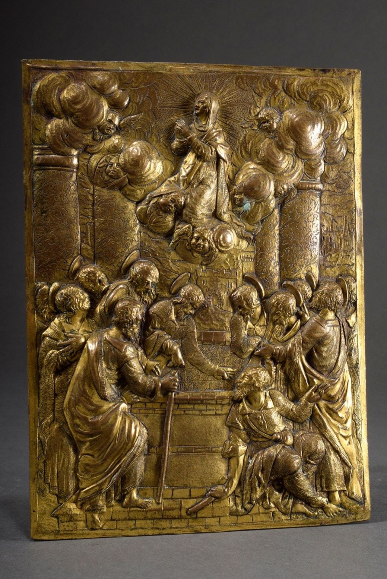 Fire-gilt bronze plaque with relief "Assumption of the Virgin Mary", Italy c. 1700, inscribed on ve