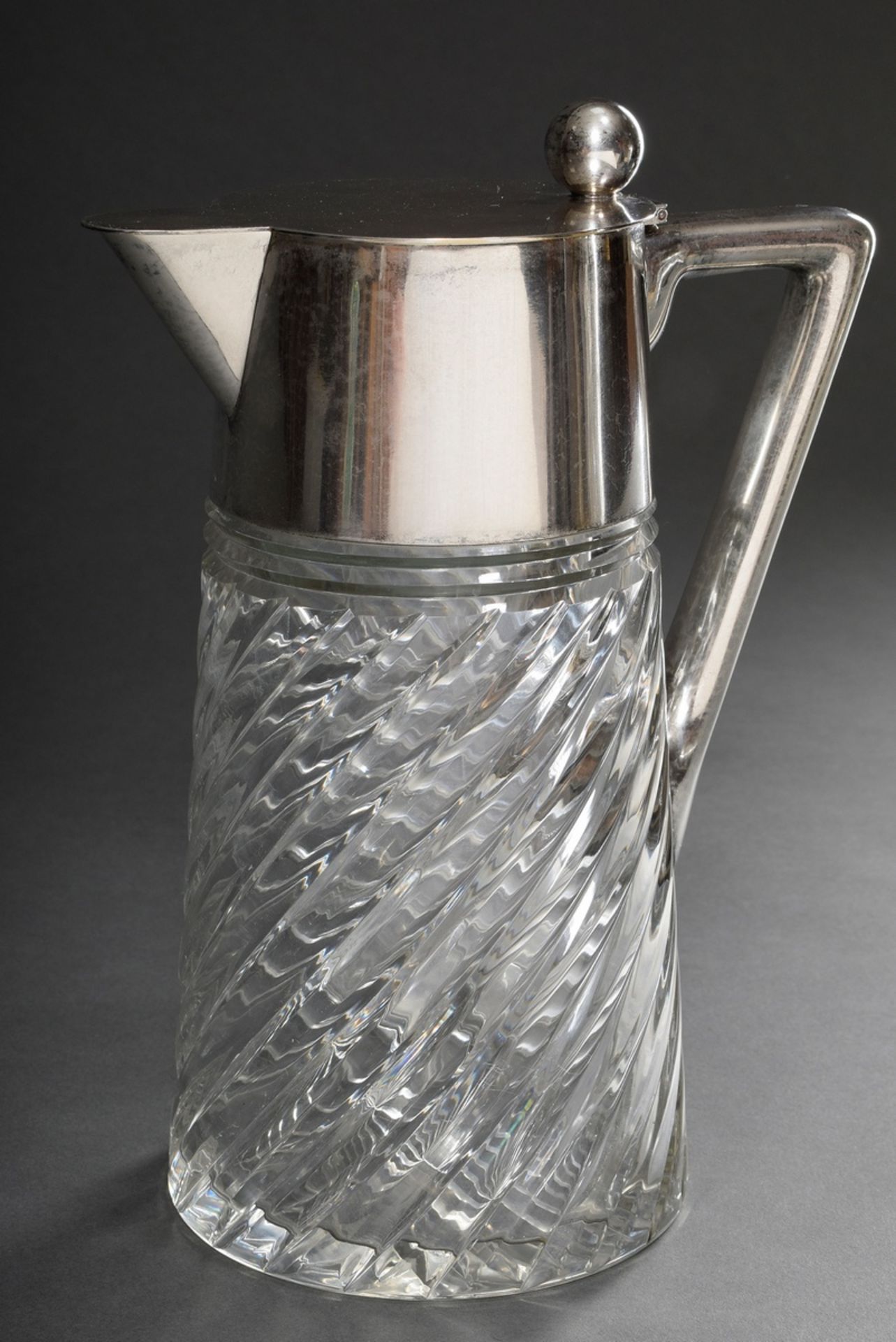 Large crystal juice jug "Kalte Ente" (Cold Duck) with silver 800 mounting and grooved wall, Wilkens