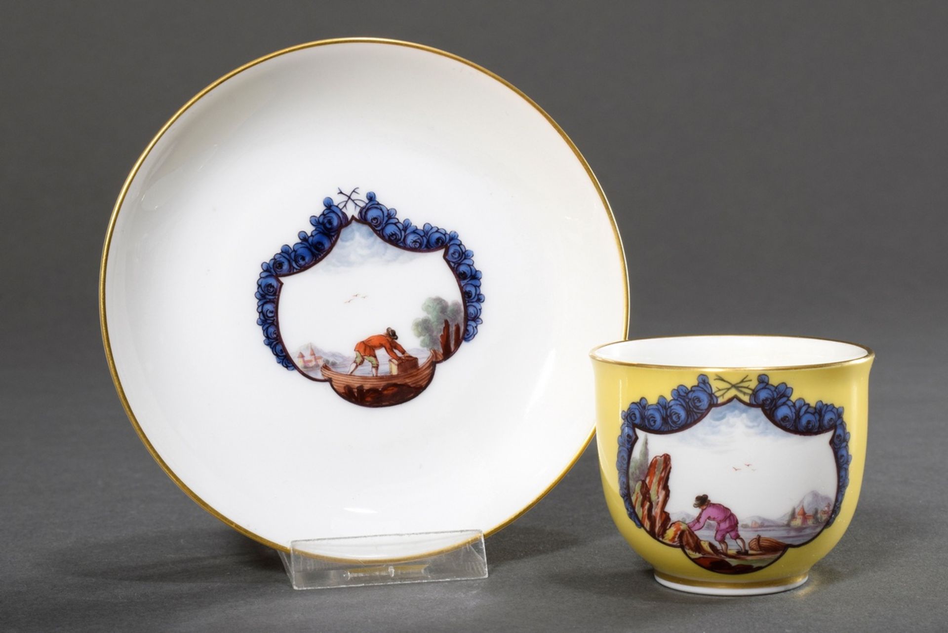 Nymphenburg mocca cups with fine painting "Kauffahrteiszene" in "rose" cartouche on yellow backgrou - Image 3 of 4