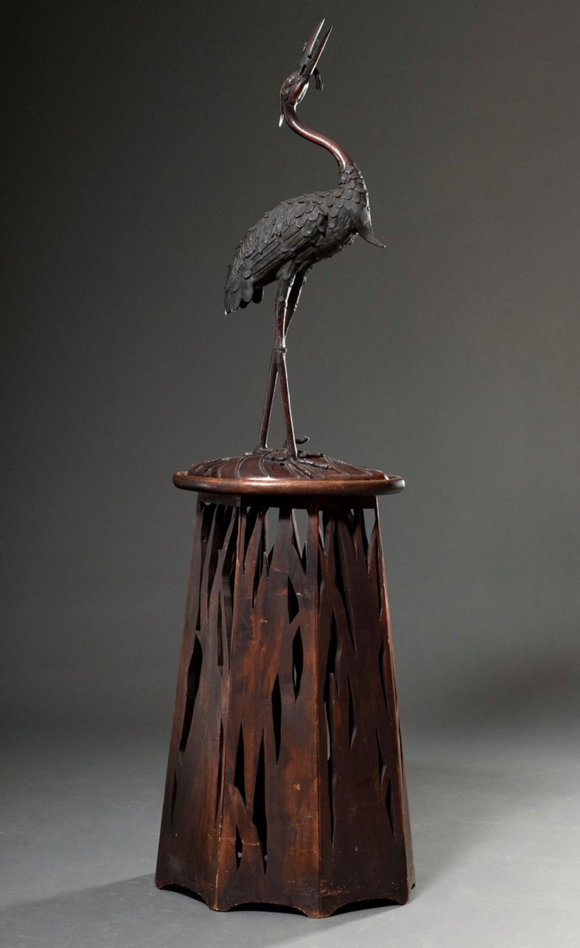 Japanese bronze "Standing Heron" on a matching carved Blackwood stool, Meiji period, h. 147cm, vari - Image 12 of 23