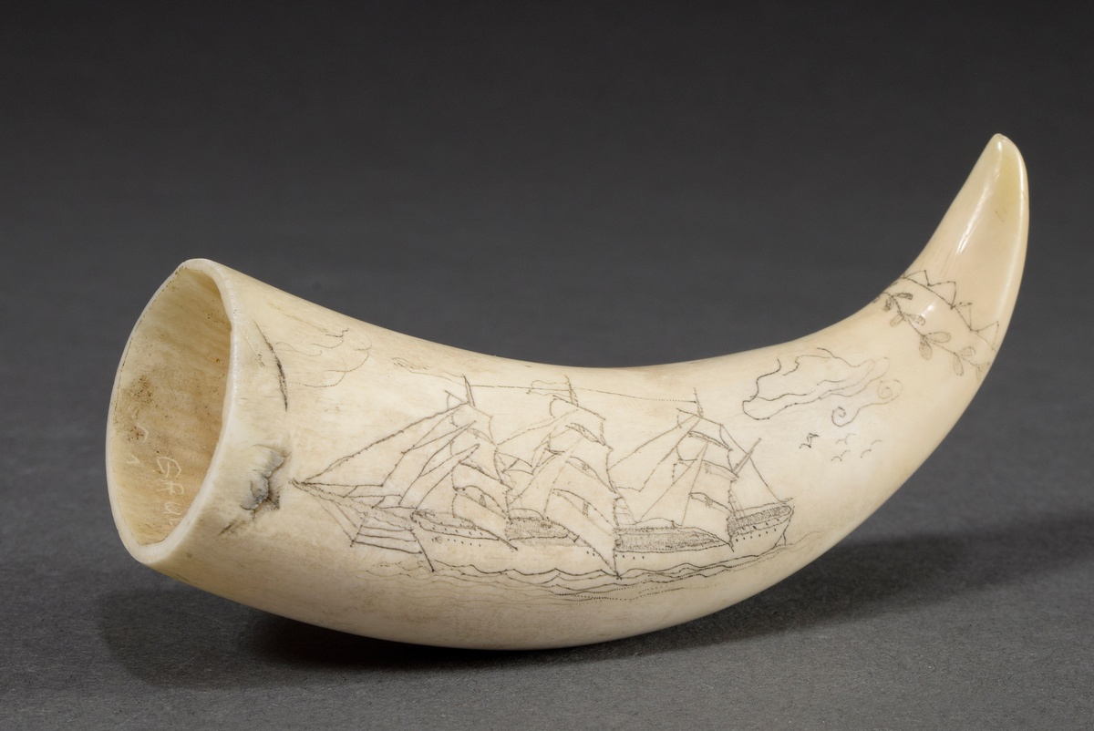 Scrimshaw "Three-Master" 19th c., rolled tooth with blackened incised decoration, sign., 9,5cm, 110