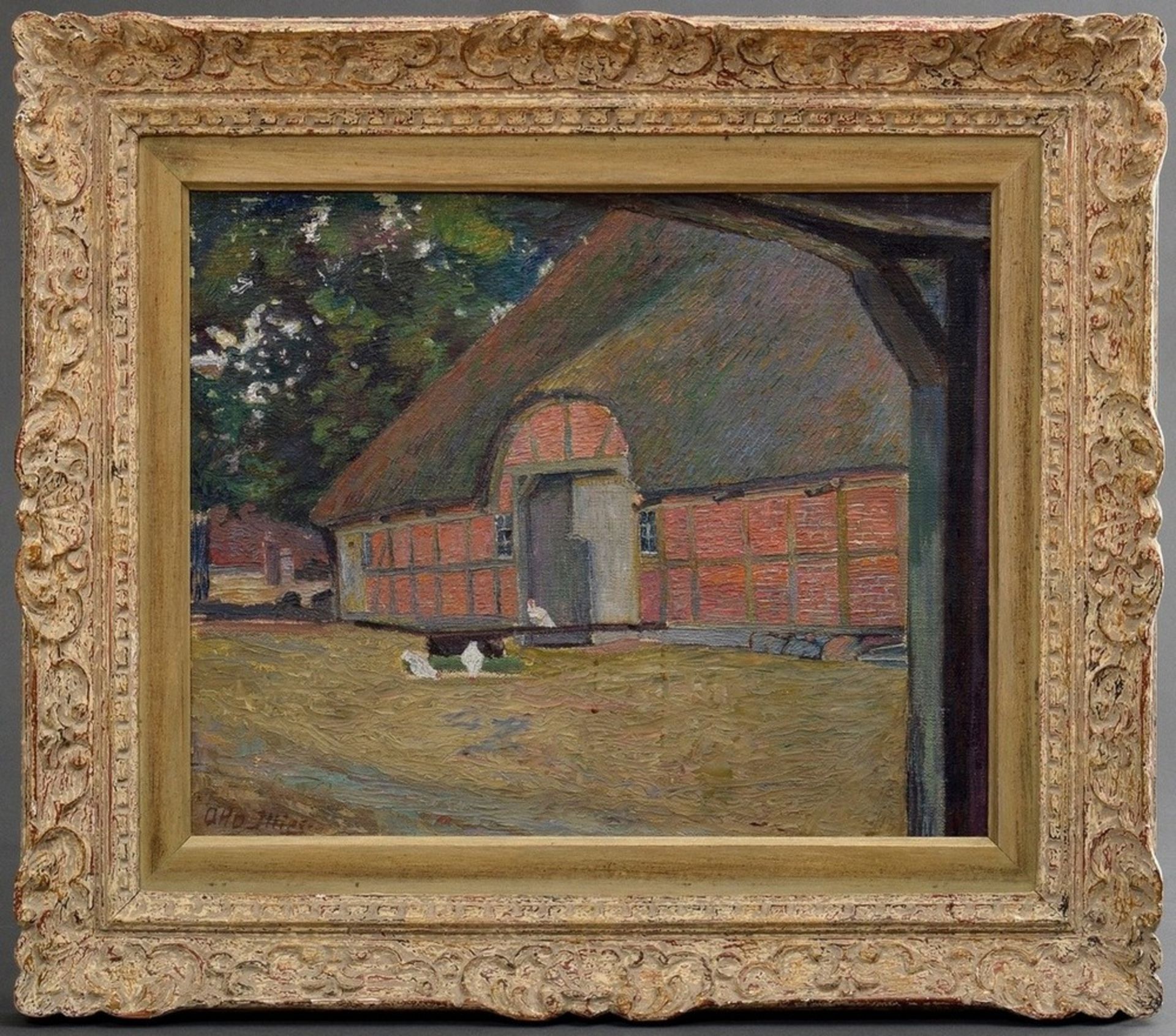 Illies, Otto (1881-1959) "Hühner vor Reetdachhaus", Öl/Leinwand, u.l. sign., Impressionistenleiste  - Bild 2 aus 5