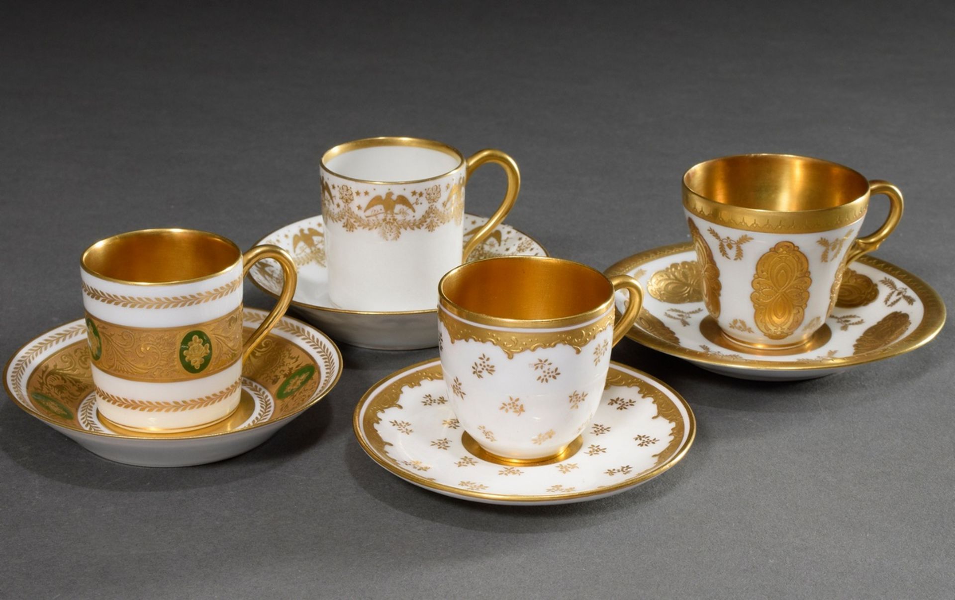 4 Various porcelain mocca cups/saucer with different floral and ornamental decorations on white bac - Image 2 of 6