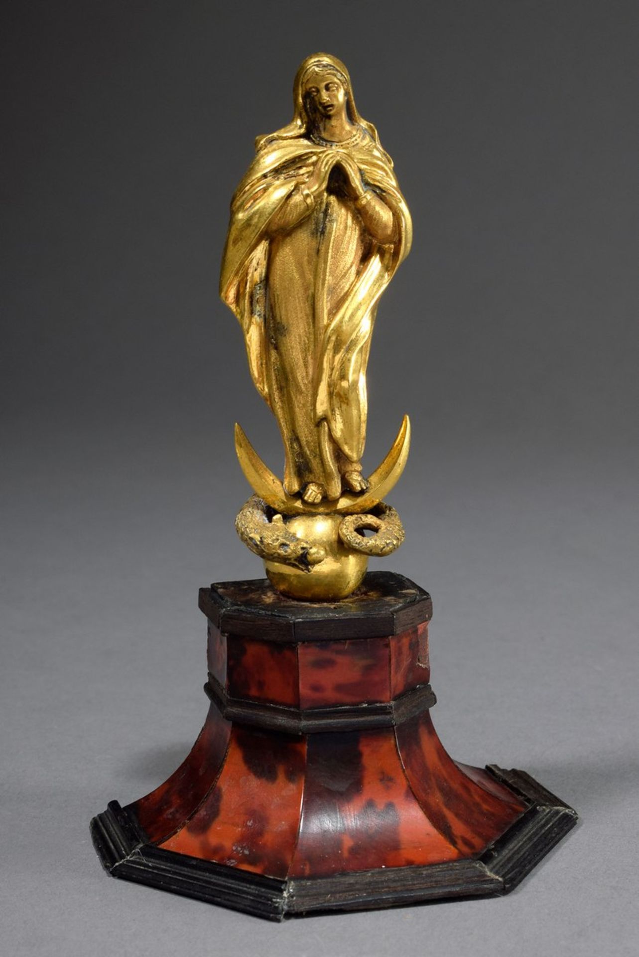 Small statuette "Maria Immaculata on the crescent moon with snake and apple", fire-gilt bronze, woo