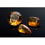 3 Ungefasste Citrine im Facettenschliff: rund (ca. 5.5ct, 15x8,7mm), in Tropfenform (ca. 3ct, 14x8