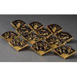 12 Japanische Shakudō Tischkartenhalter in "Fächer" Form mit vier verschiedenen, partiell vergoldet