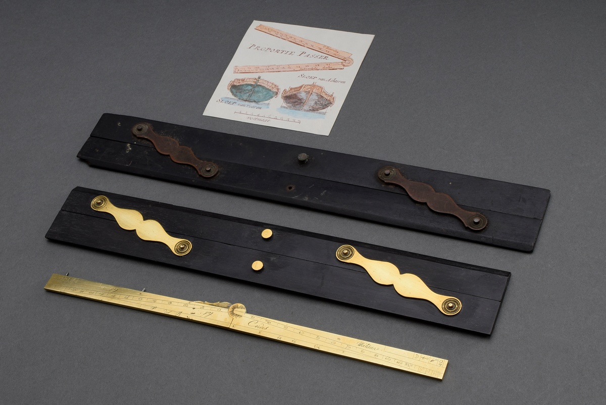 3 Various pieces of measuring tools: 2 parallel rulers, 19th c., precious wood/brass and proportion - Image 2 of 5