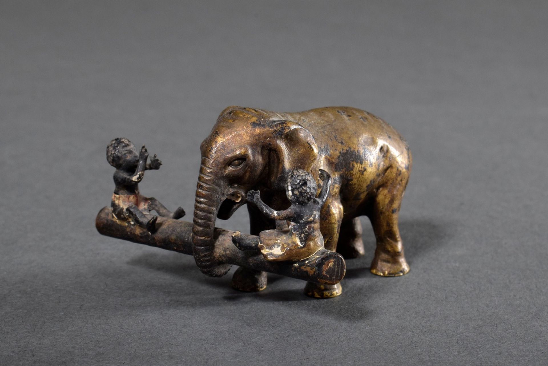 Viennese bronze "Elephant with two children on a tree trunk", coloured painted, 3,6x5,7x5,9cm, part