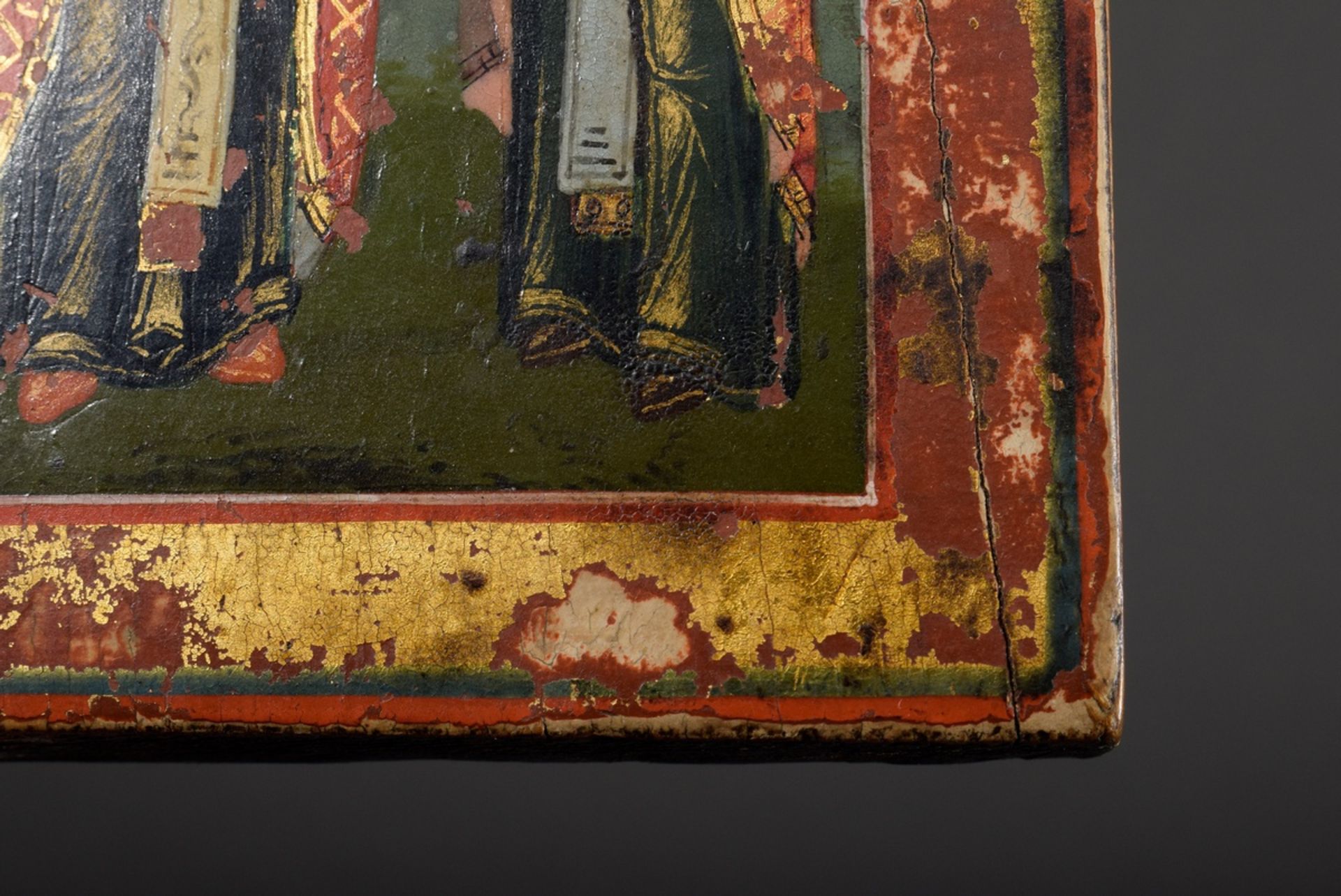 Small Russian icon "Three Saints and Portrait of Mary" on gold ground, 19th c., egg tempera/chalk g - Image 4 of 7