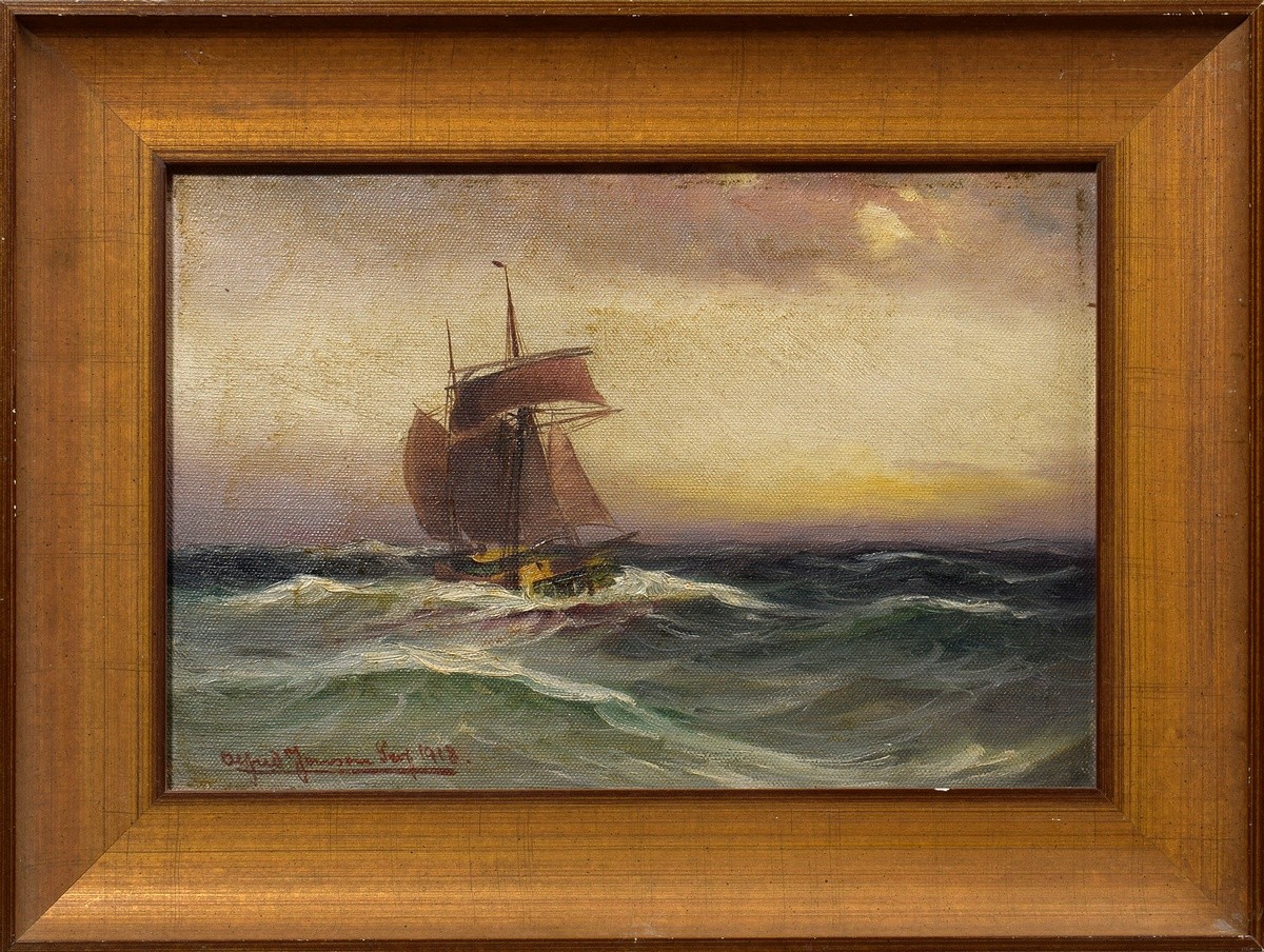 Jensen, Alfred (1859-1935) " North Sea Boat in the Evening Light" 1918, oil/canvas, b.l. sign., ver - Image 2 of 5